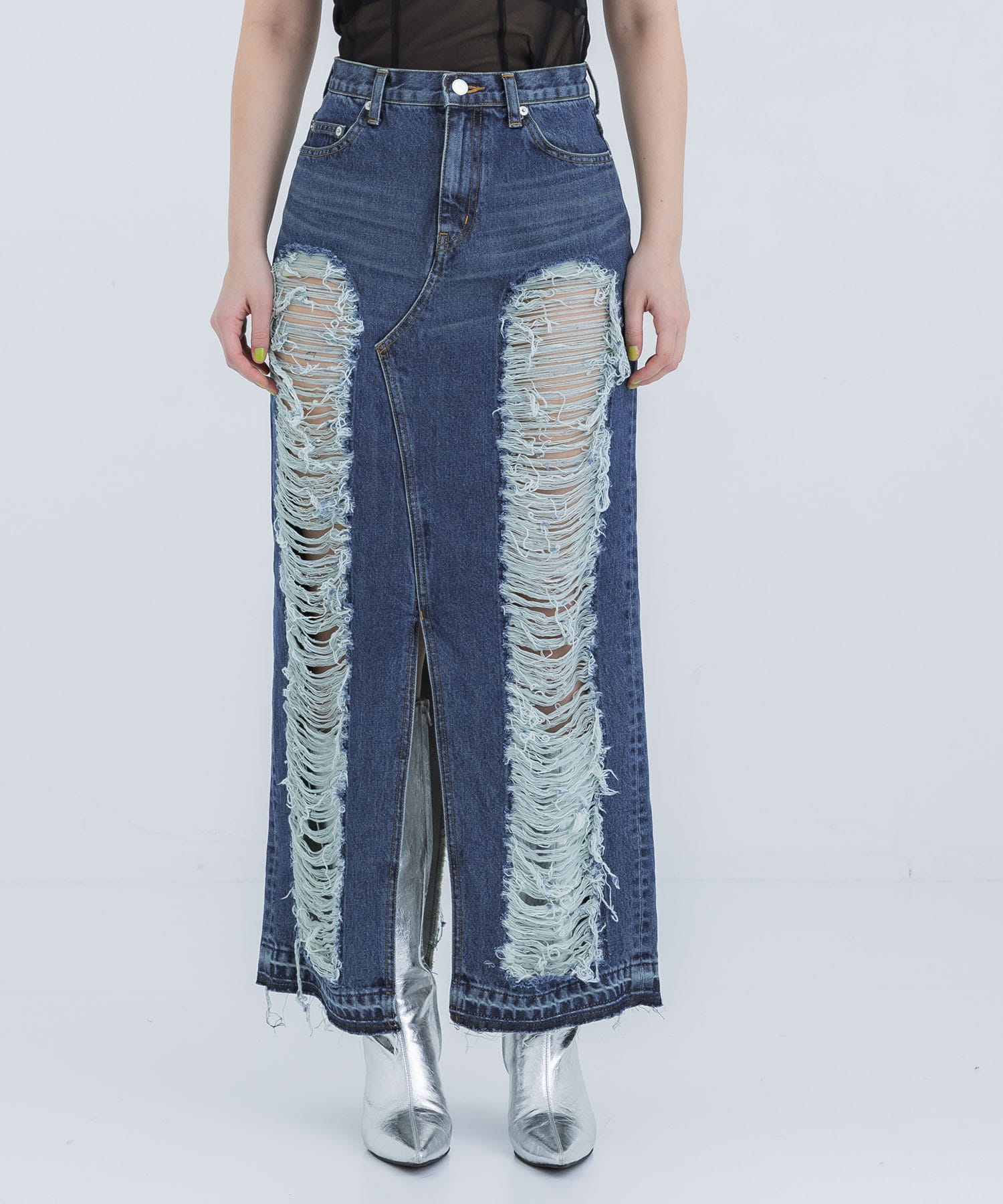 WASHED DENIM RIPPED LONG SKIRT JOHN LAWRENCE SULLIVAN