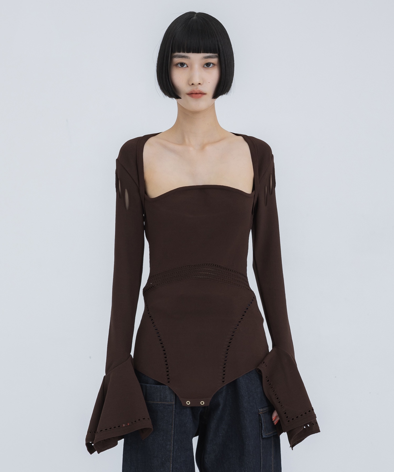 MESH KNIT SHAPED-NECK BODYSUIT FETICO