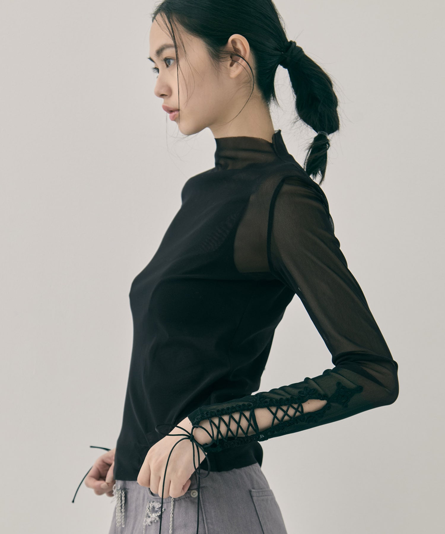 lace up sleeve sheer tops Beige tanakadaisuke