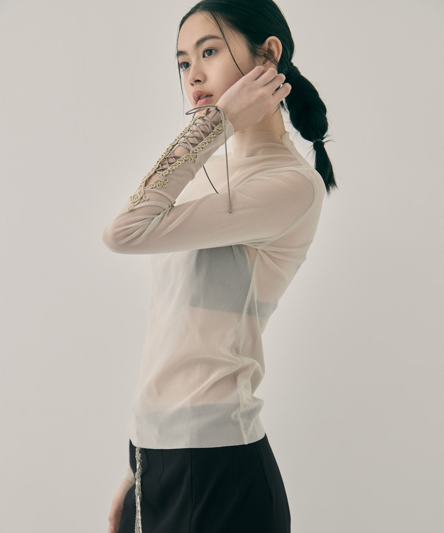 lace up sleeve sheer tops Beige tanakadaisuke