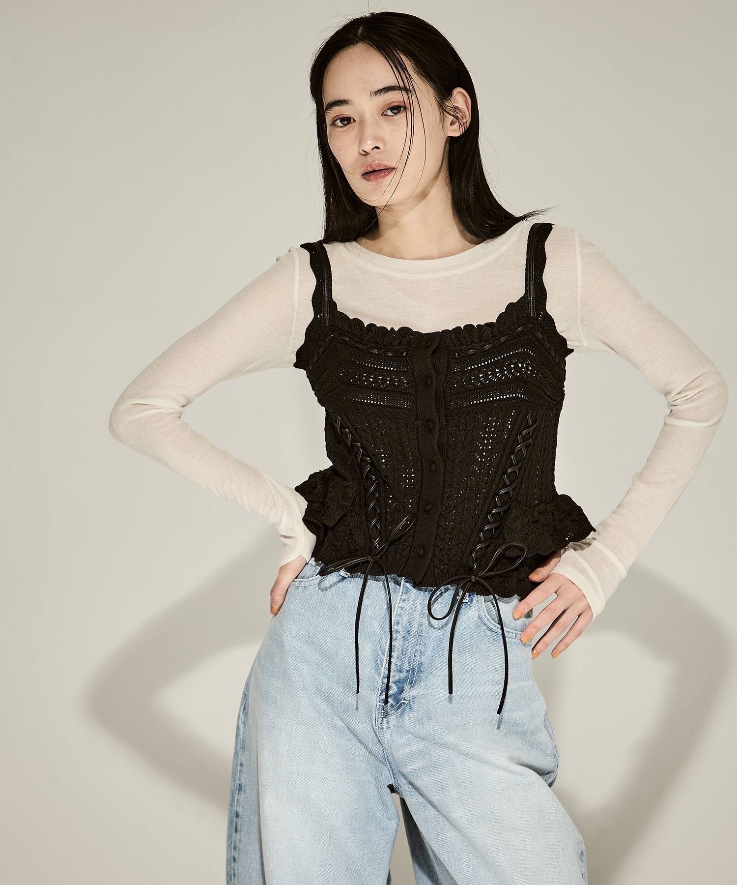 lace up ribbon knit camisole tanakadaisuke