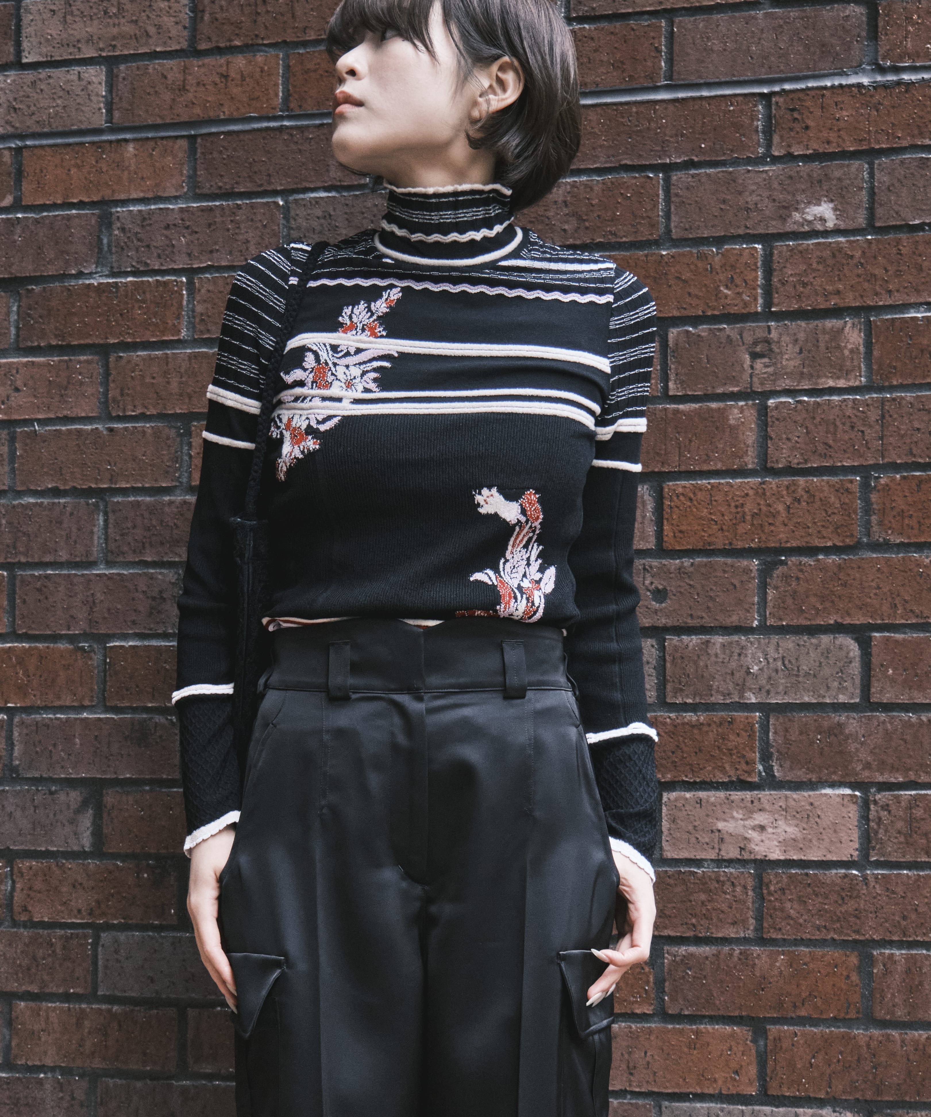 Floral Motif Intarsia Knitted High Neck Top Mame Kurogouchi