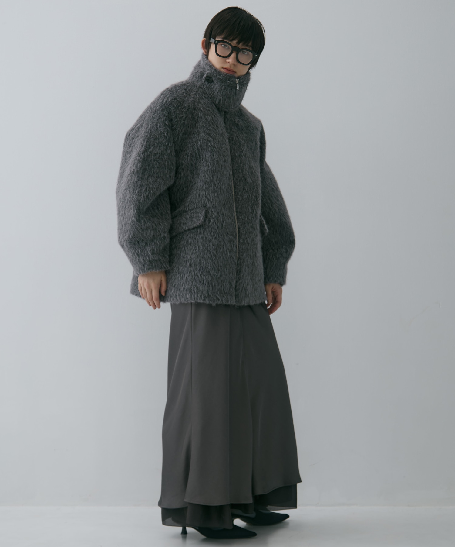 STAND COLLAR SHAGGY MIDDLE COAT STUDIOUS