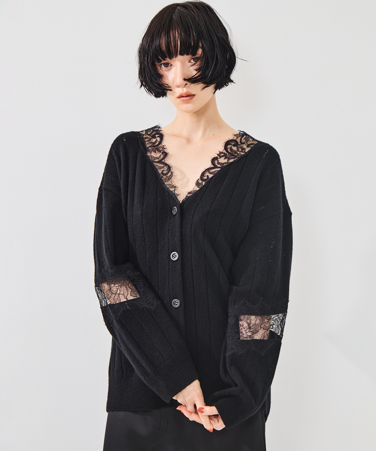 OVERSIZED HAIRY LACE PANELED KNIT CARDIGAN FETICO