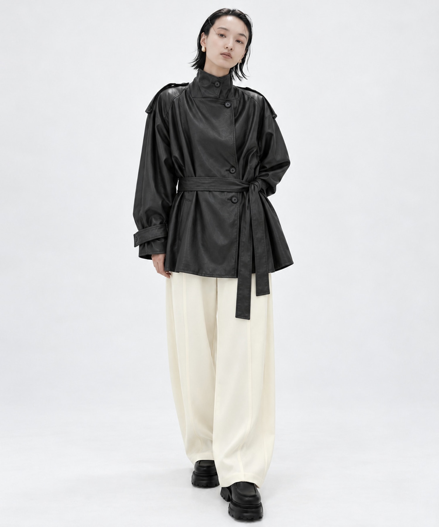 Leather Belted Short Trench Coat STUDIOUS