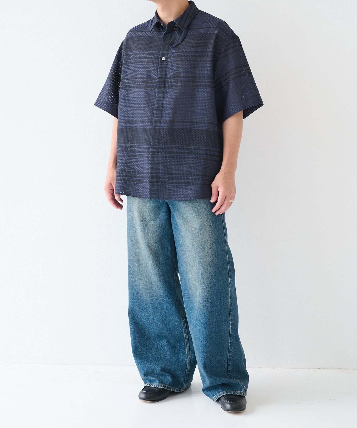 Sheer Tile Check Chin Tab Short Sleeve Shirt CULLNI