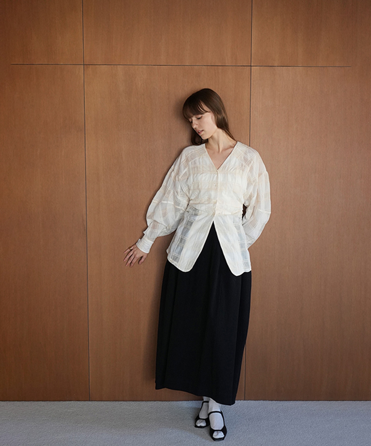 SHEER CHECK TUCK WAIST BLOUSE CLANE