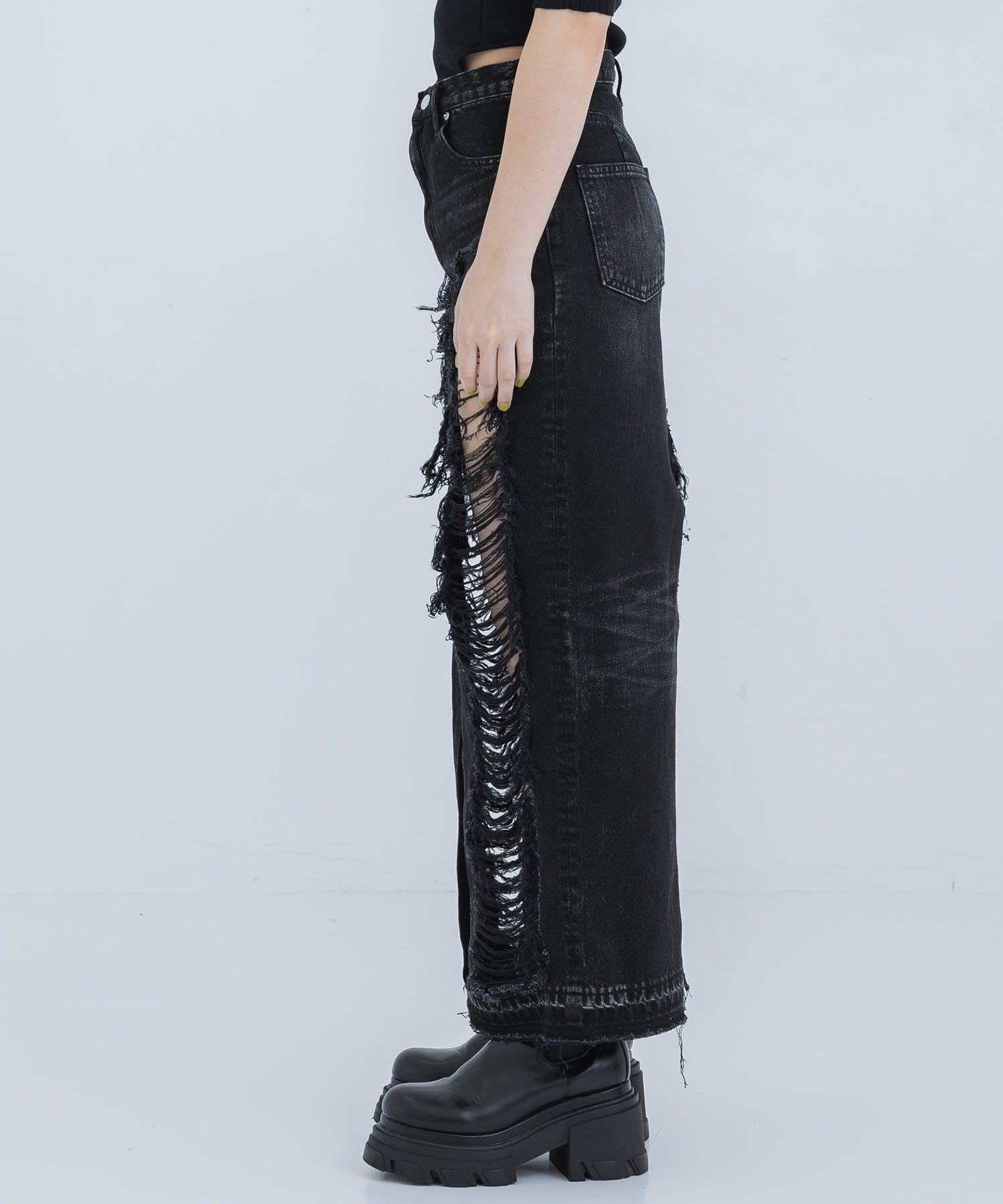 WASHED DENIM RIPPED LONG SKIRT JOHN LAWRENCE SULLIVAN
