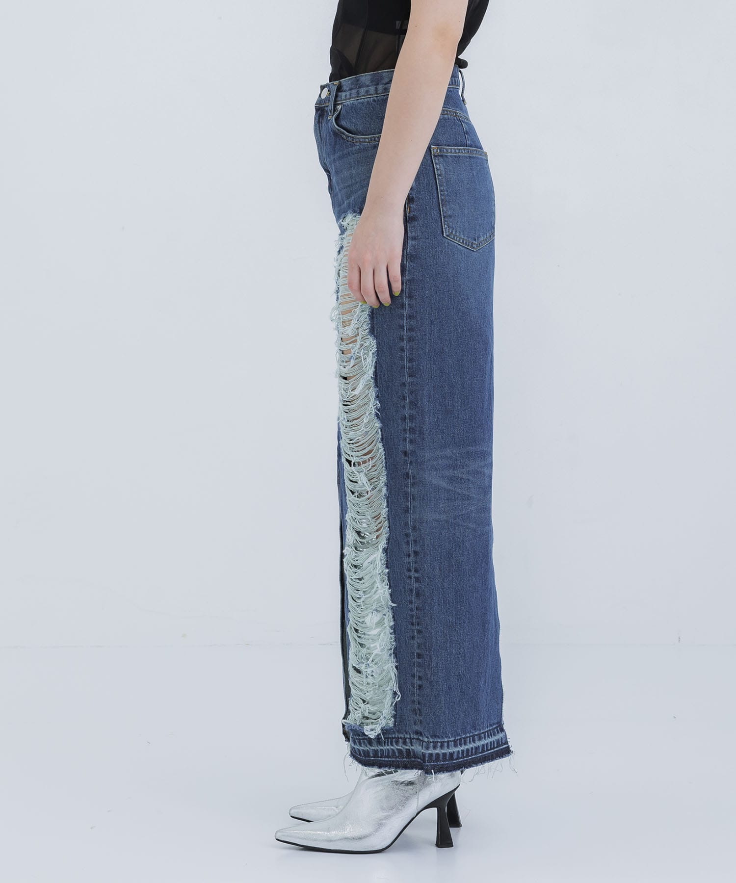 WASHED DENIM RIPPED LONG SKIRT JOHN LAWRENCE SULLIVAN