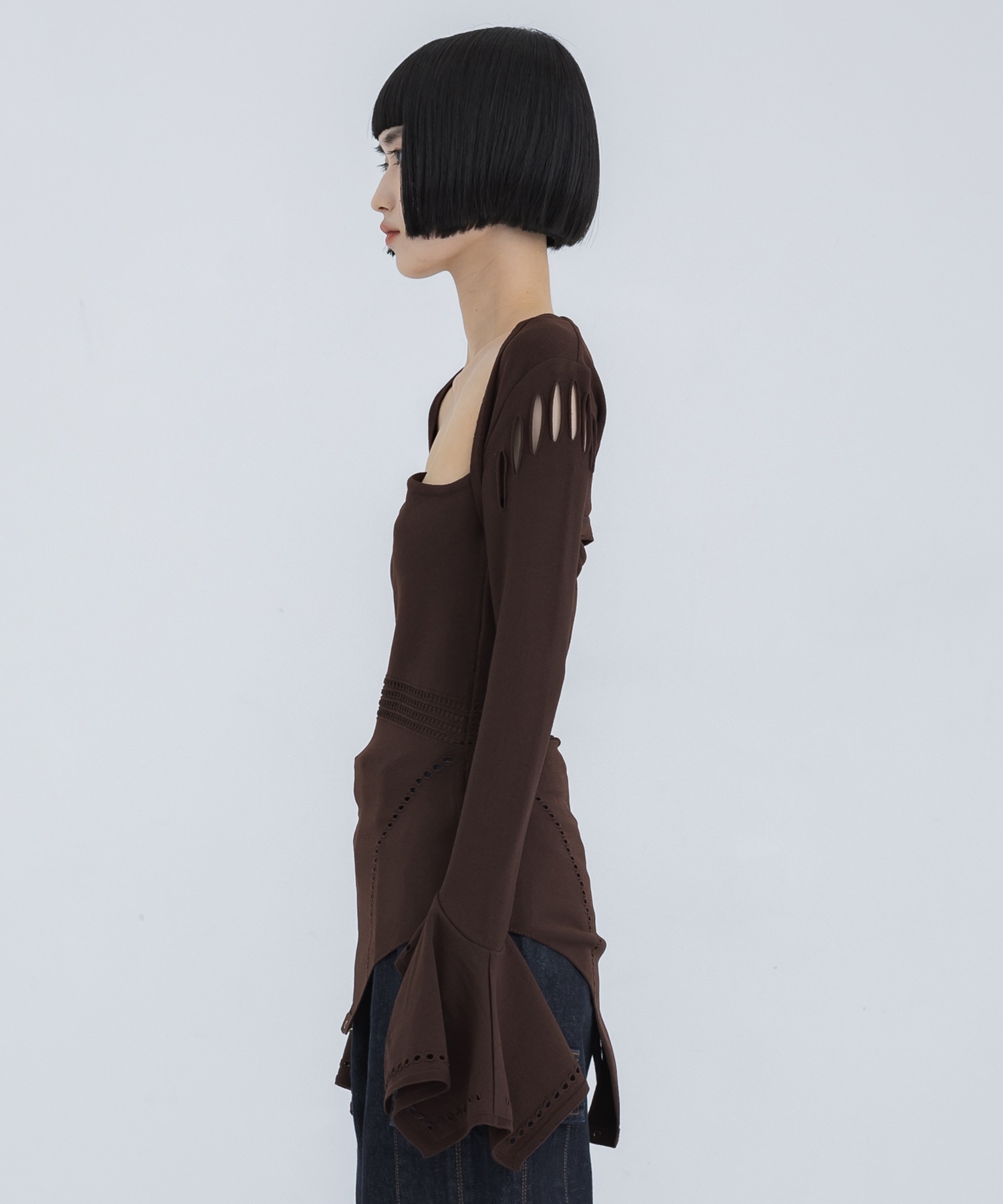 MESH KNIT SHAPED-NECK BODYSUIT FETICO