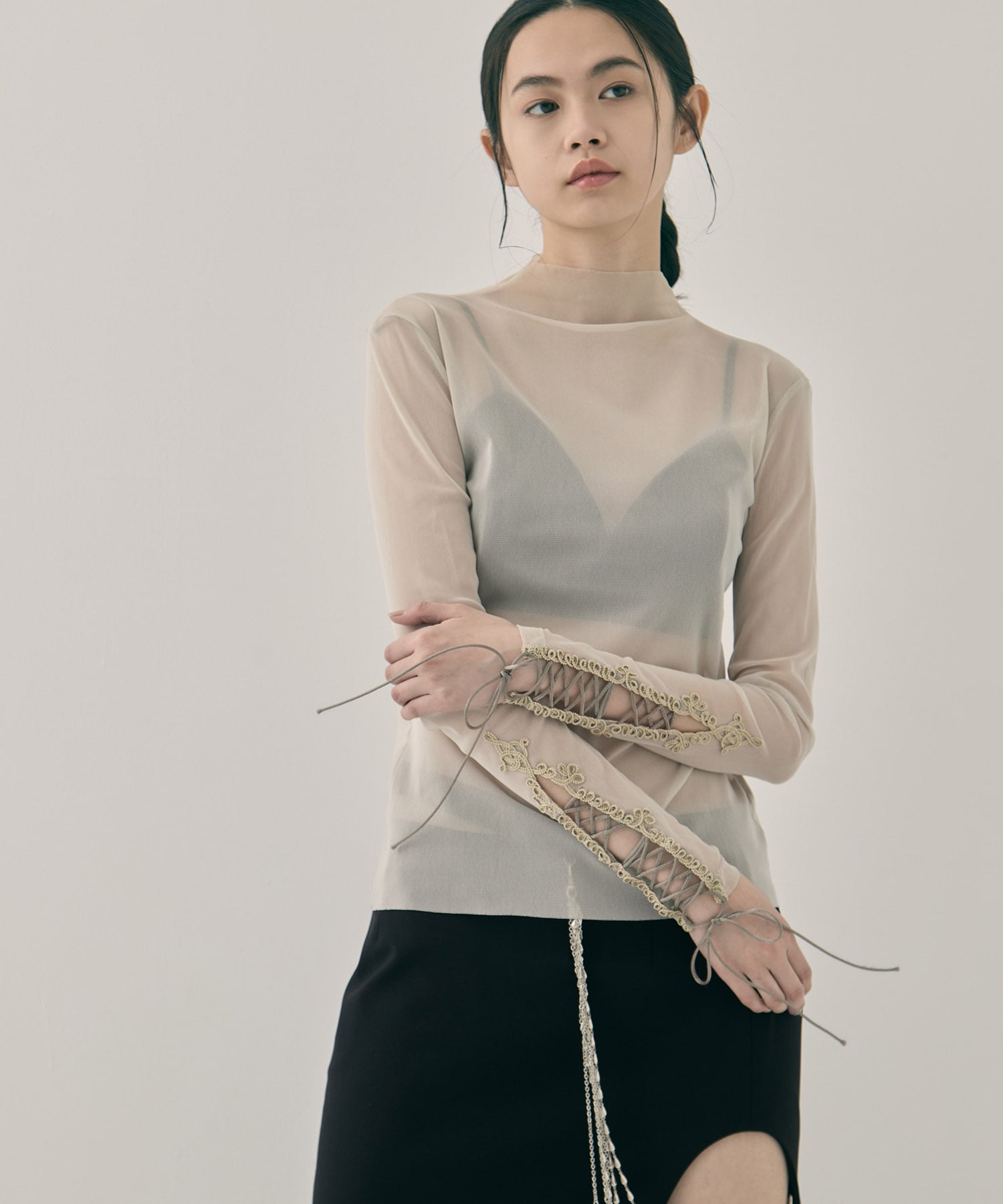 lace up sleeve sheer tops Beige tanakadaisuke