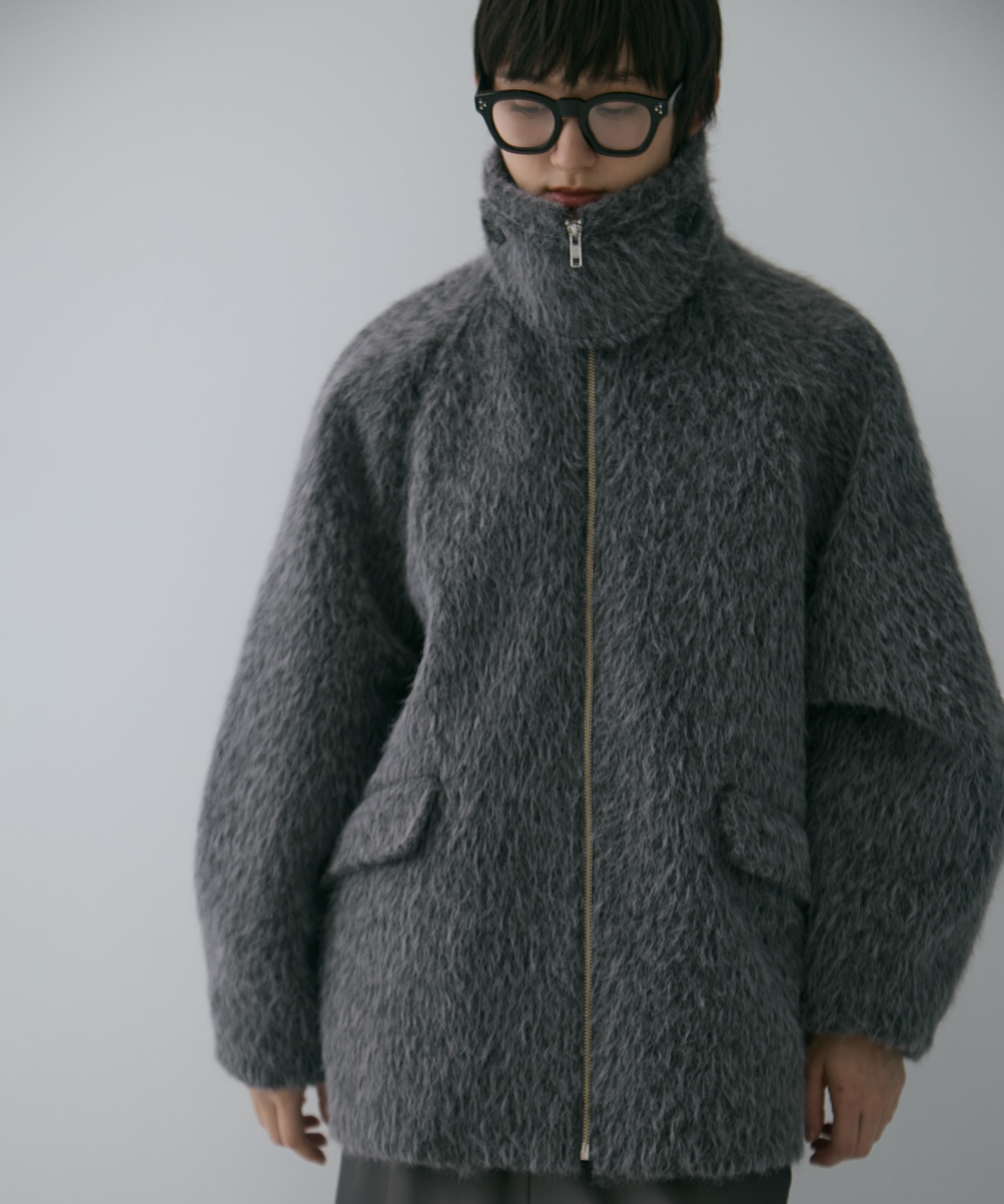 STAND COLLAR SHAGGY MIDDLE COAT STUDIOUS