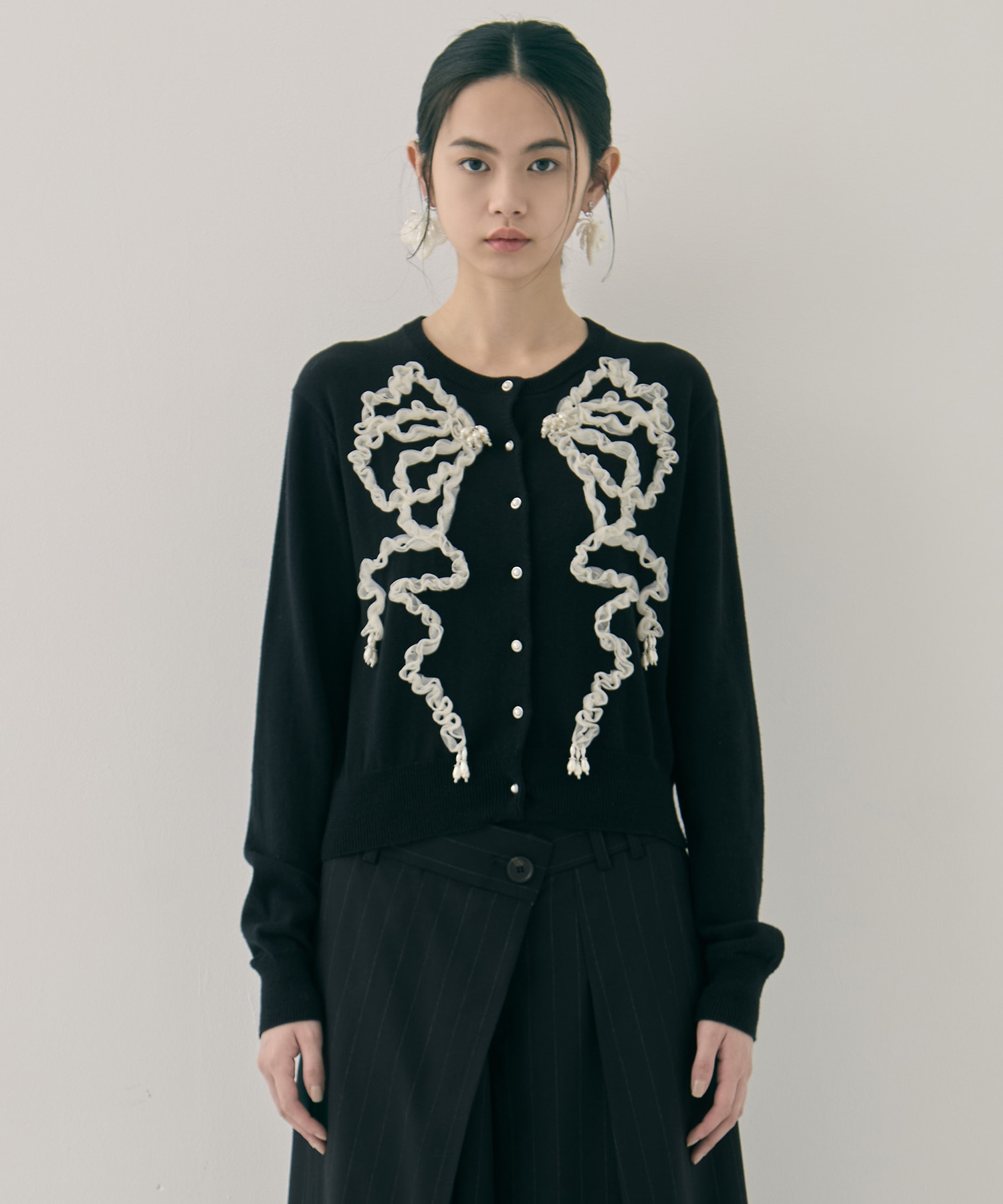 Ribbon tulle pearl embroidery cardigan tanakadaisuke
