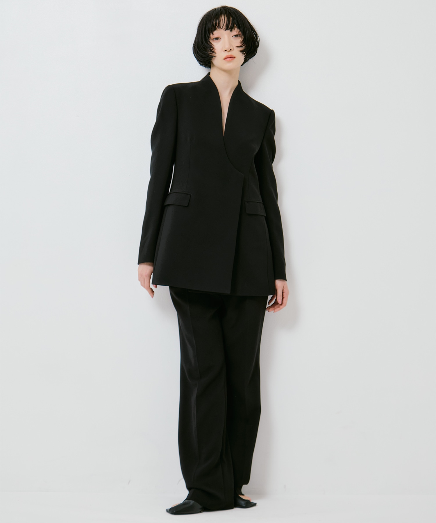 Triacetate Polyester Collarless Double Breasted Suit Jacket Mame Kurogouchi