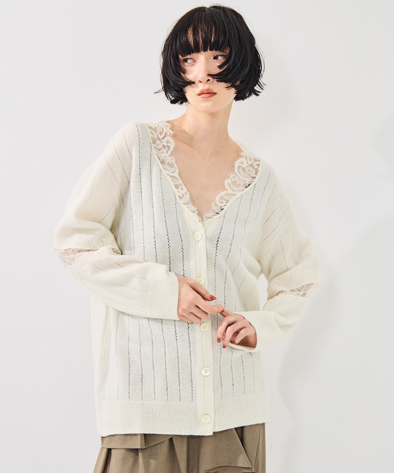 OVERSIZED HAIRY LACE PANELED KNIT CARDIGAN FETICO
