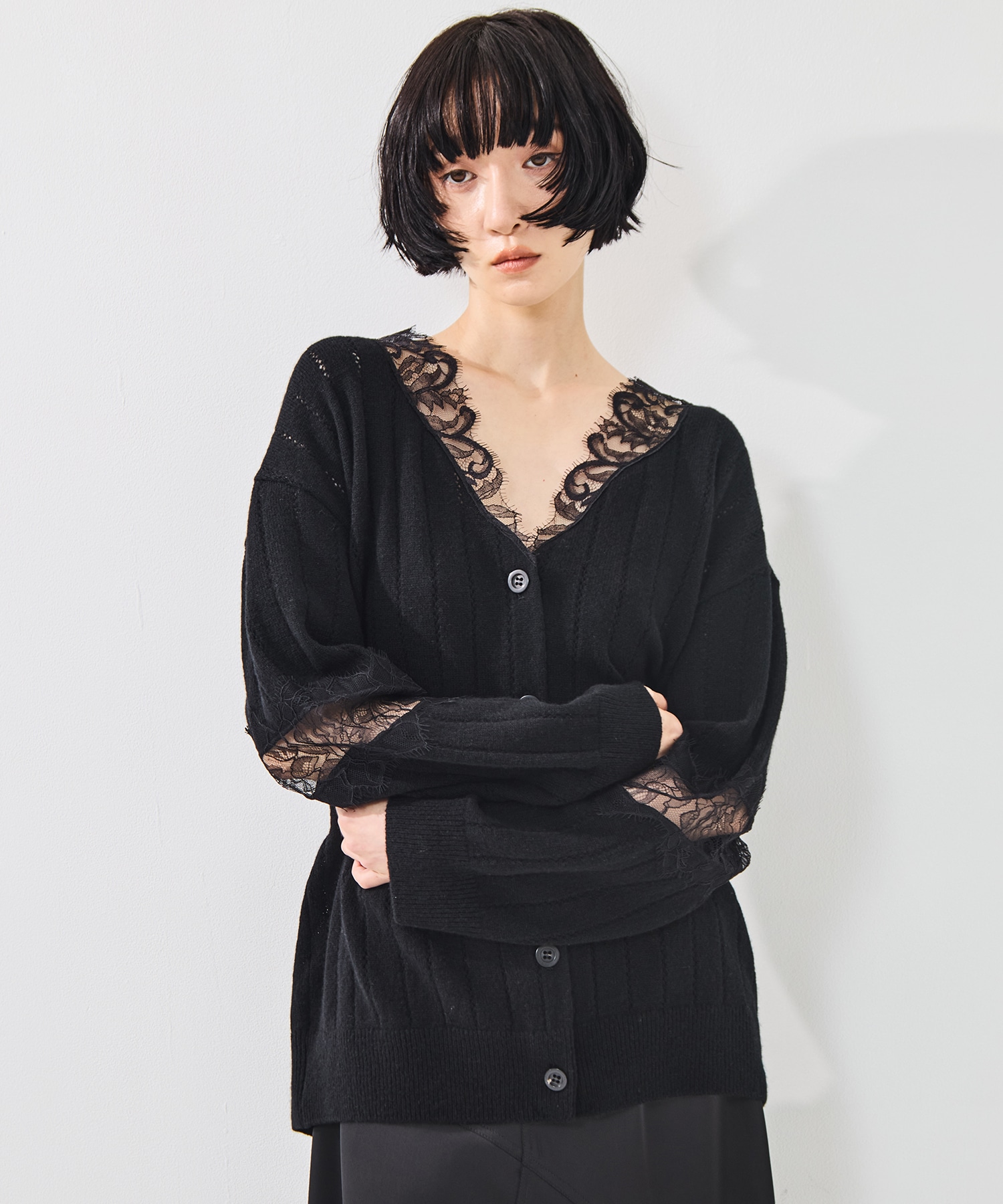 OVERSIZED HAIRY LACE PANELED KNIT CARDIGAN FETICO