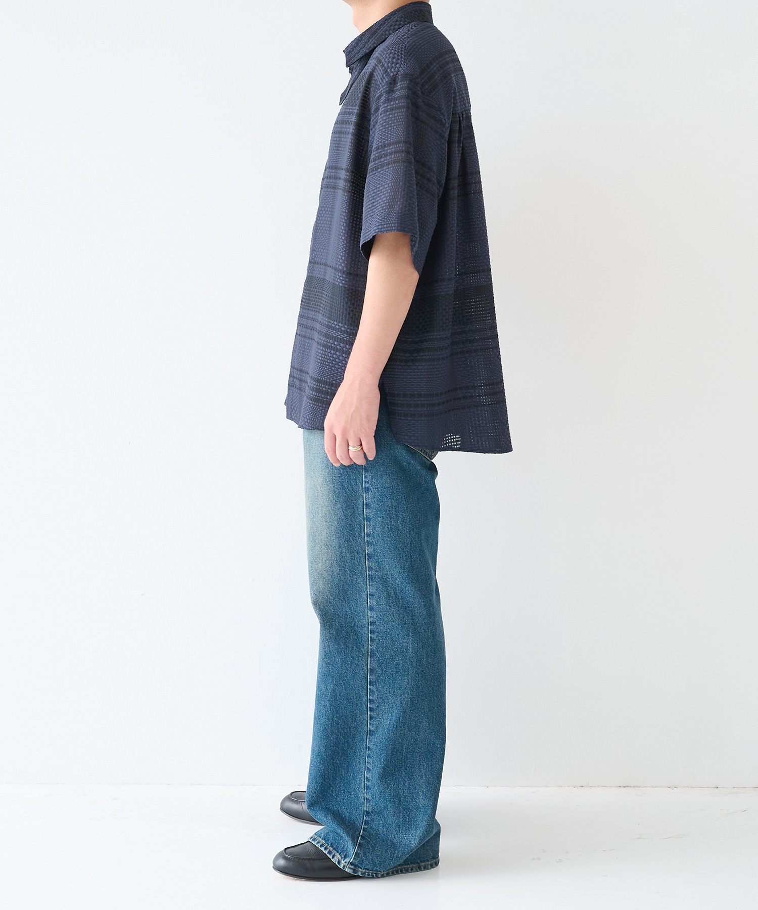 Sheer Tile Check Chin Tab Short Sleeve Shirt CULLNI