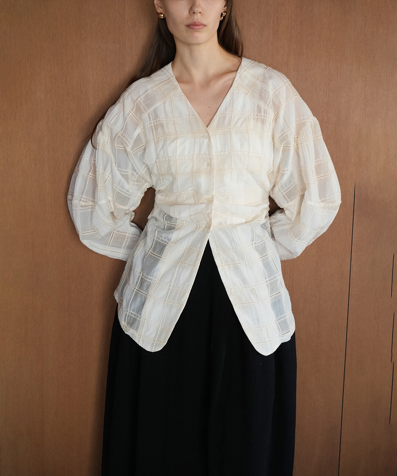 SHEER CHECK TUCK WAIST BLOUSE CLANE