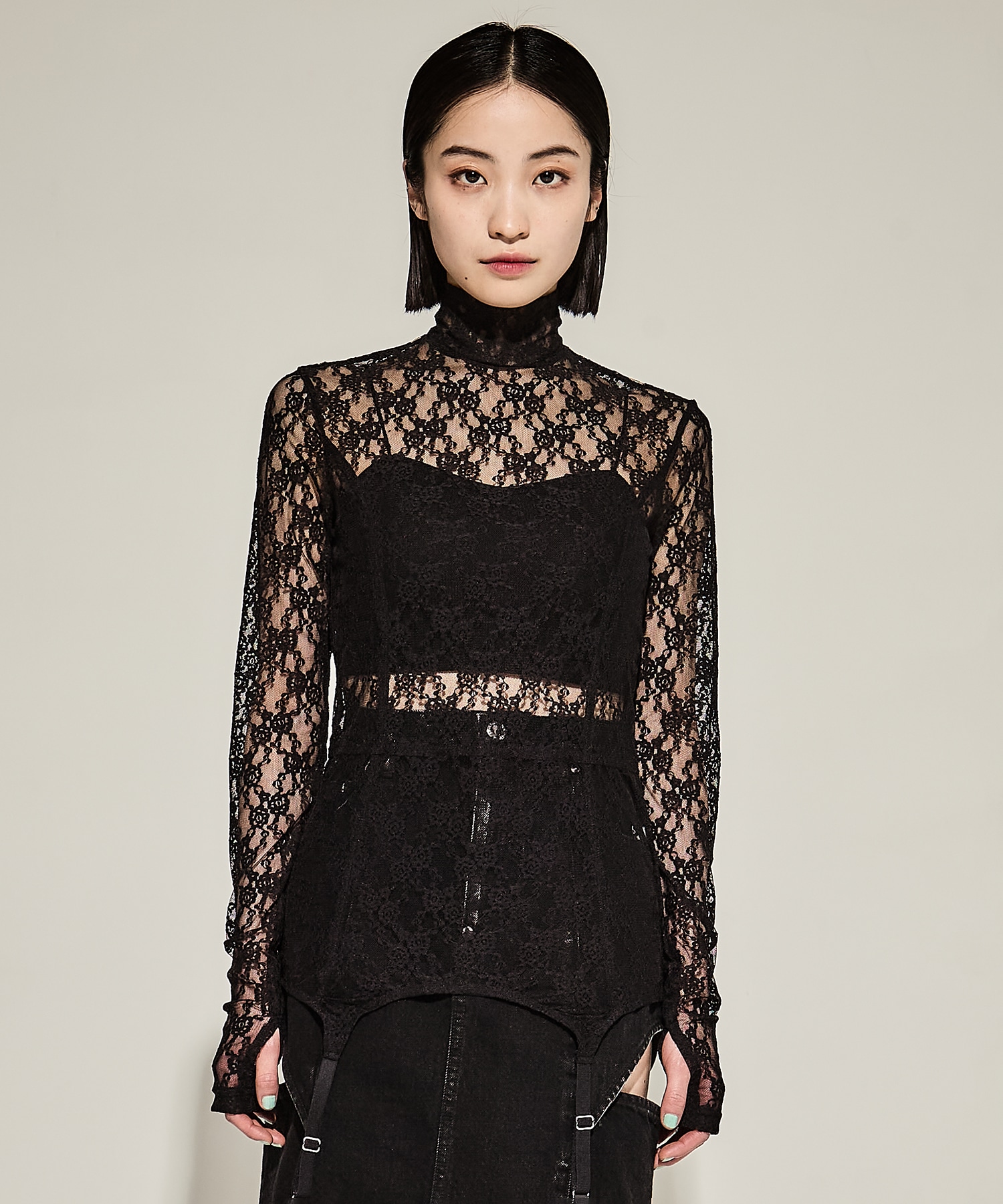 FLOWER LACE TURTLE NECK TOP WITH GARTER BELT JOHN LAWRENCE SULLIVAN
