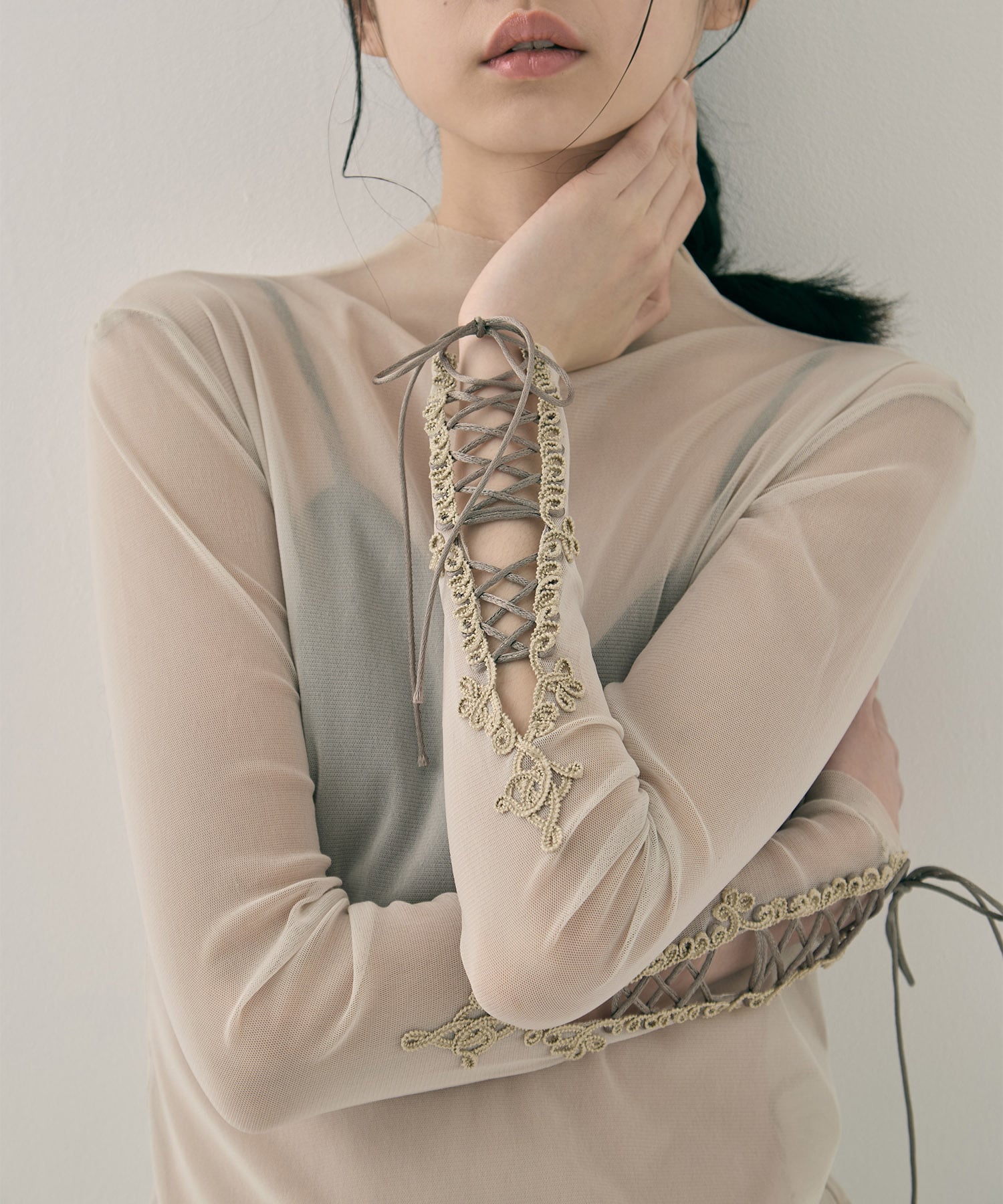 lace up sleeve sheer tops Beige tanakadaisuke