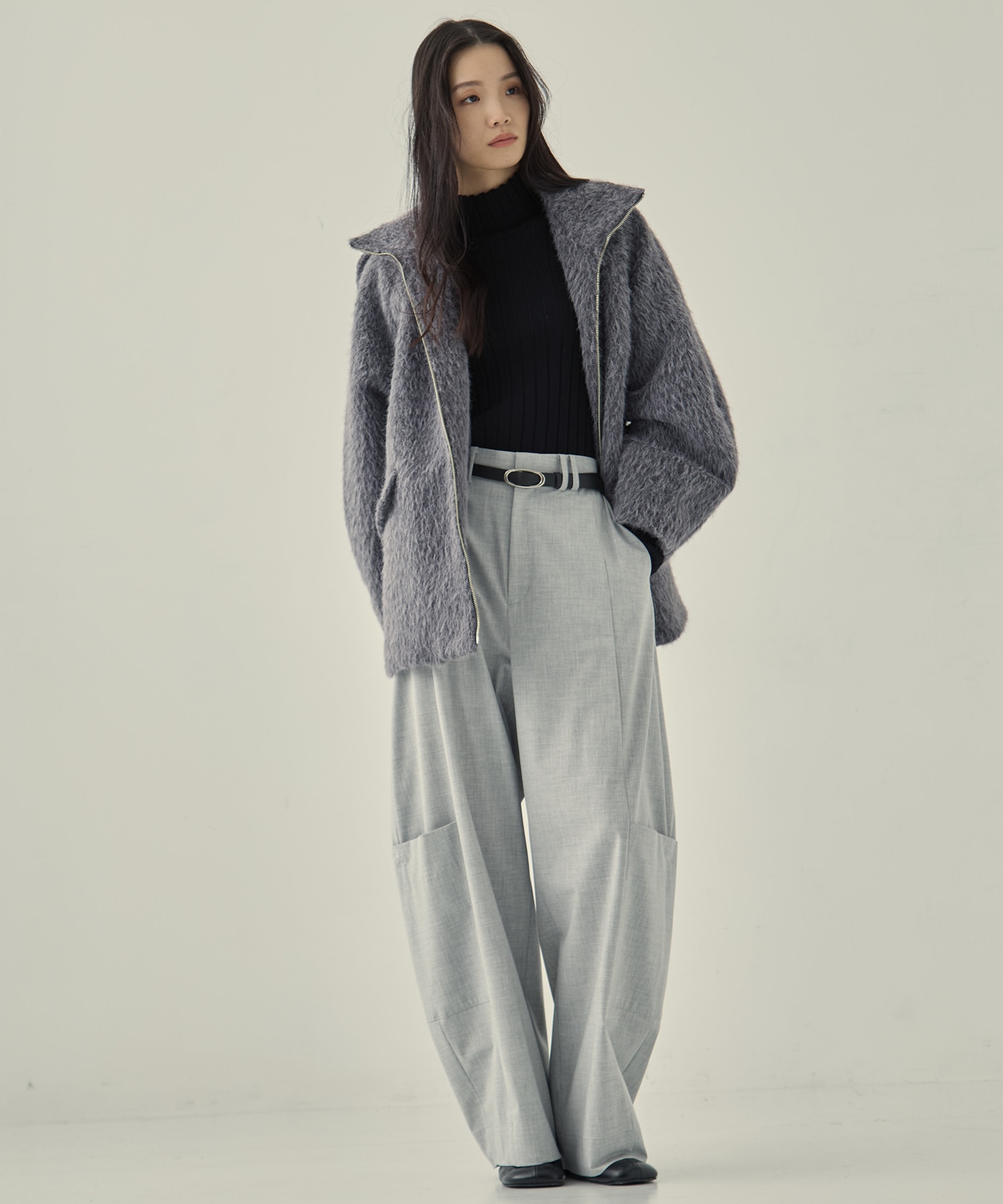 STAND COLLAR SHAGGY MIDDLE COAT STUDIOUS