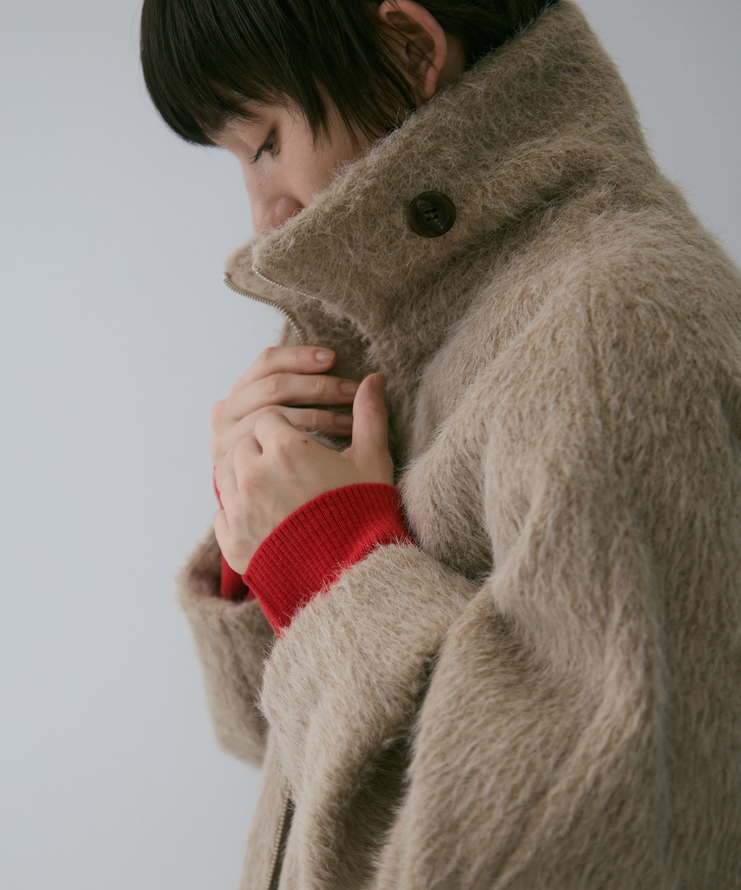 STAND COLLAR SHAGGY MIDDLE COAT STUDIOUS