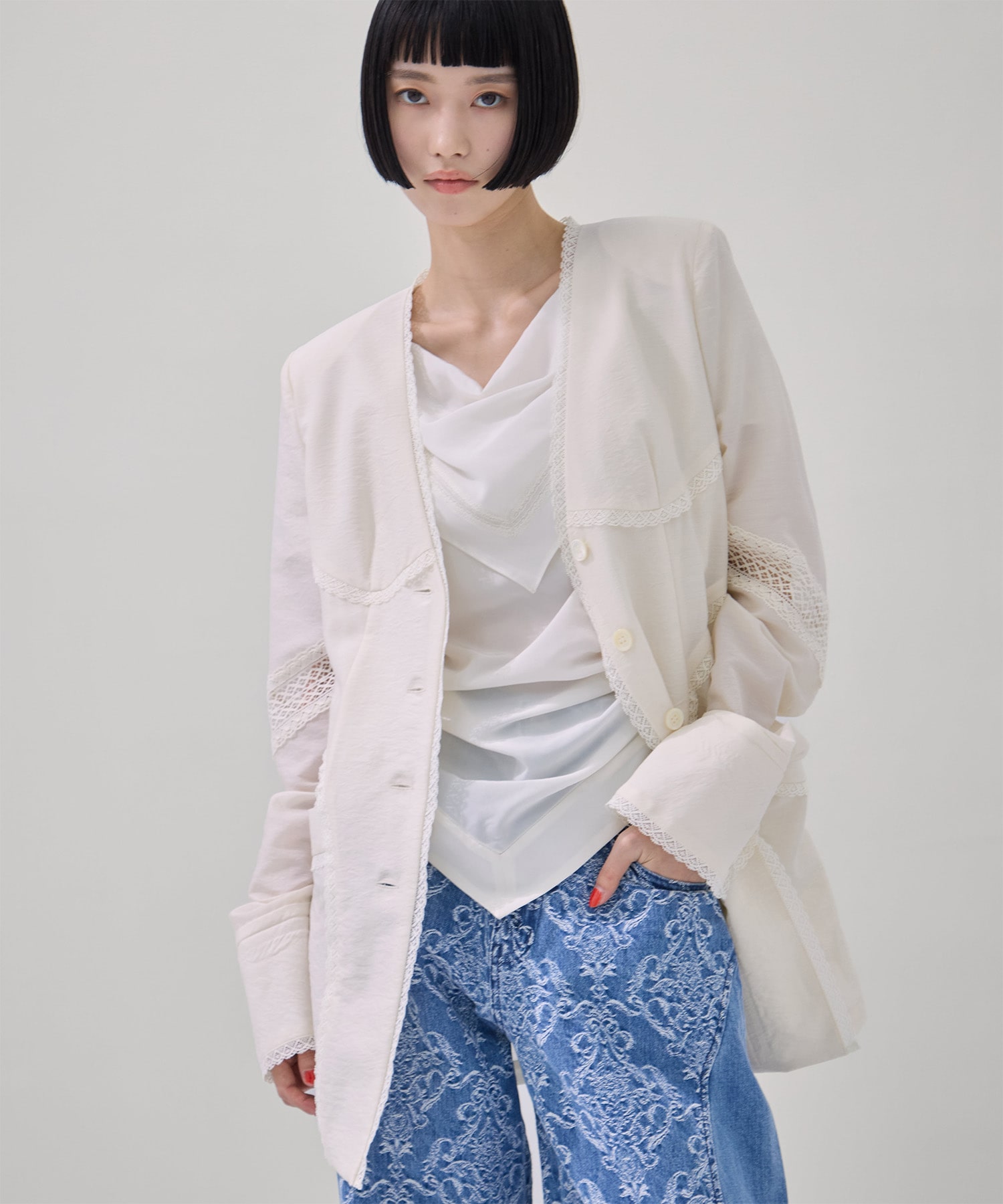 別注 LACE-PANELED SHIRT JACKET FETICO