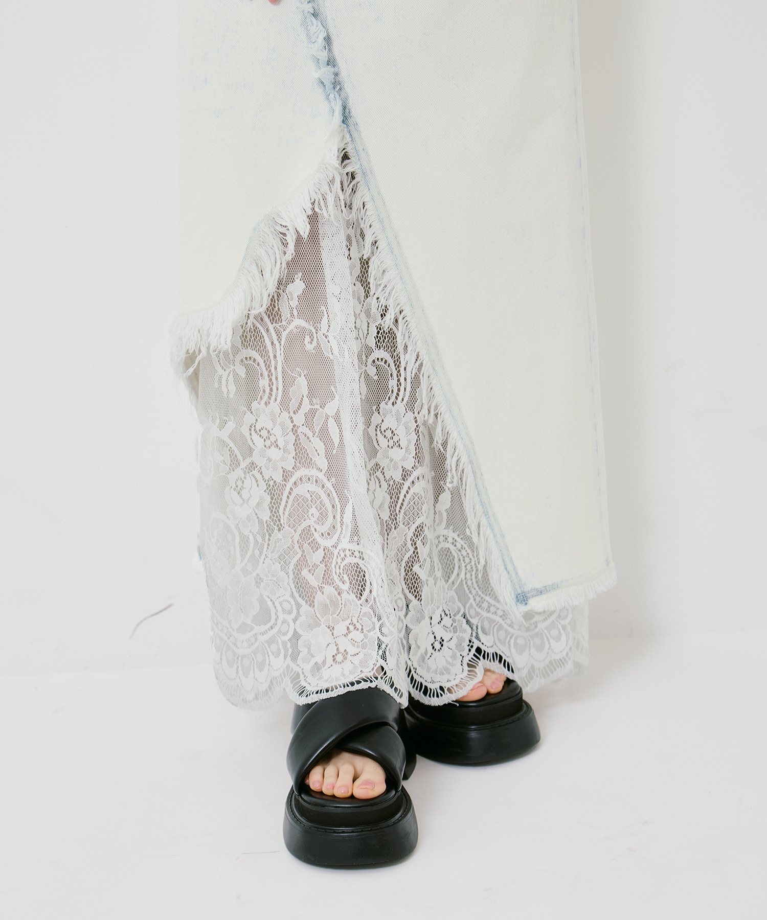 REMAKE LIKE DENIM LACE LAYERED SKIRT AMERI