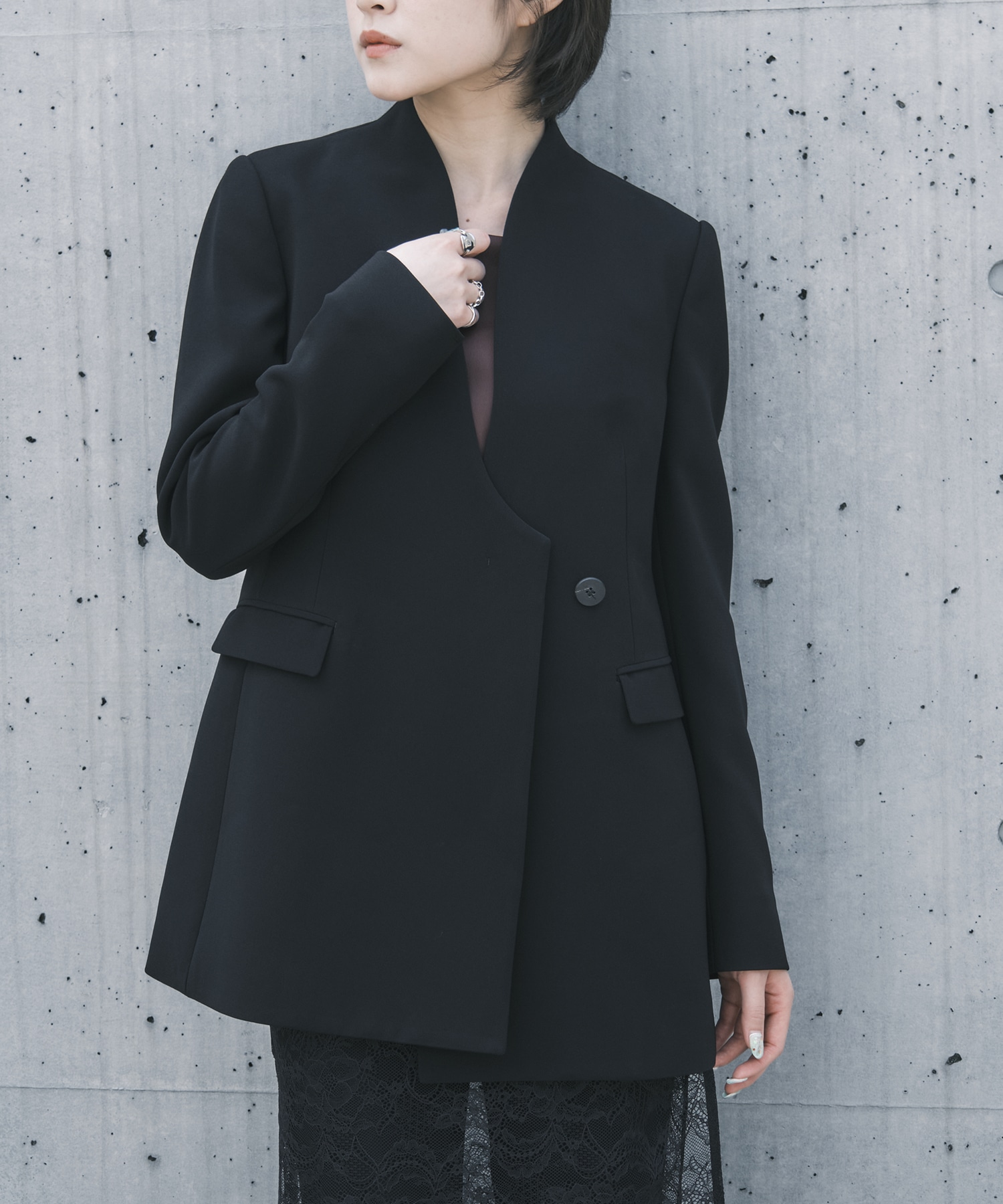 Triacetate Polyester Collarless Double Breasted Suit Jacket Mame Kurogouchi