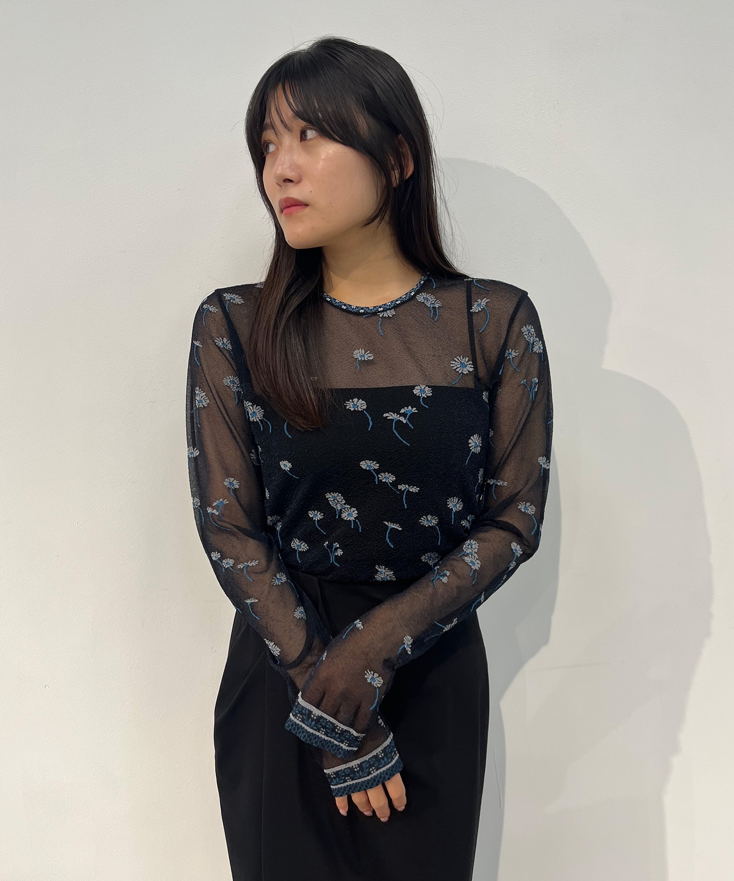 Floral Pattern Long Sleeve Sheer Knit Top Mame Kurogouchi