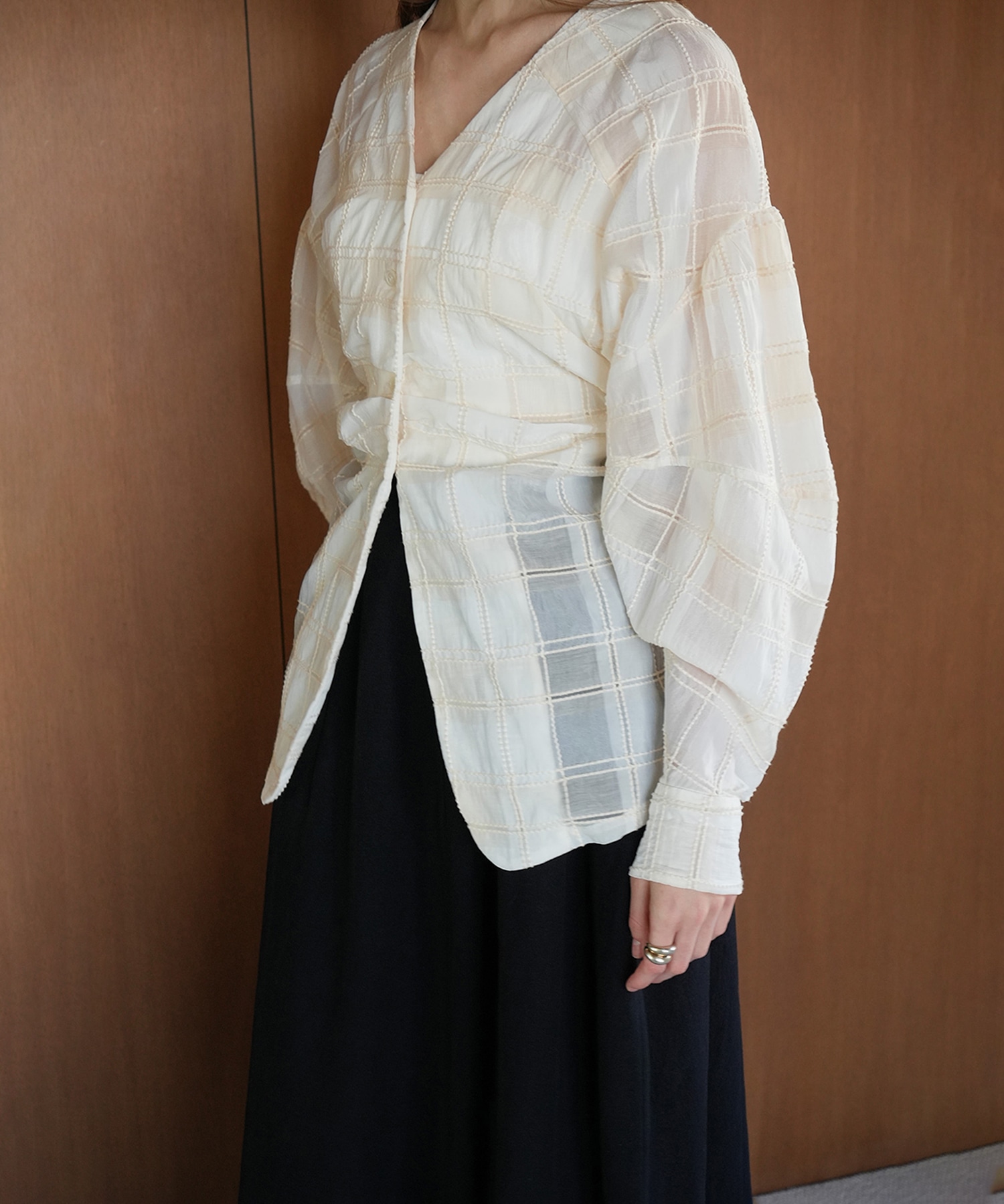 SHEER CHECK TUCK WAIST BLOUSE CLANE