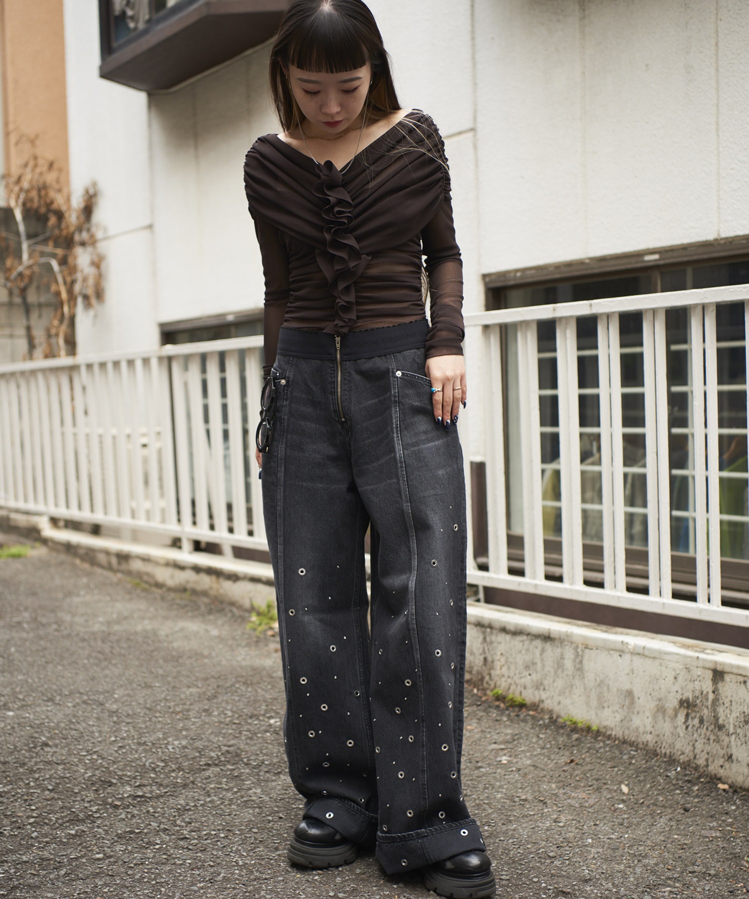 ORGANIC COTTON DENIM WIDE-LEG JEANS WITH STUDS FETICO