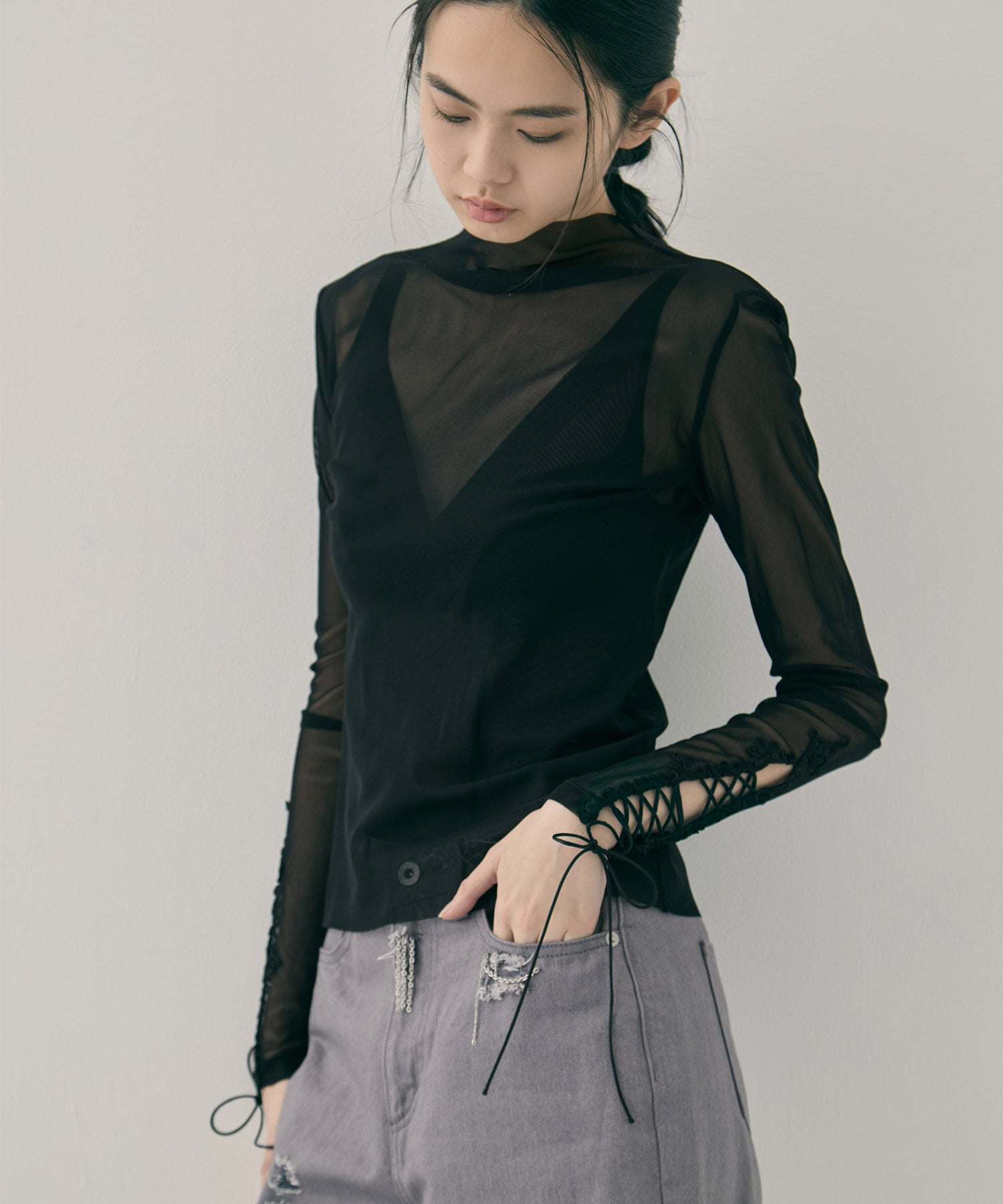 lace up sleeve sheer tops Beige tanakadaisuke