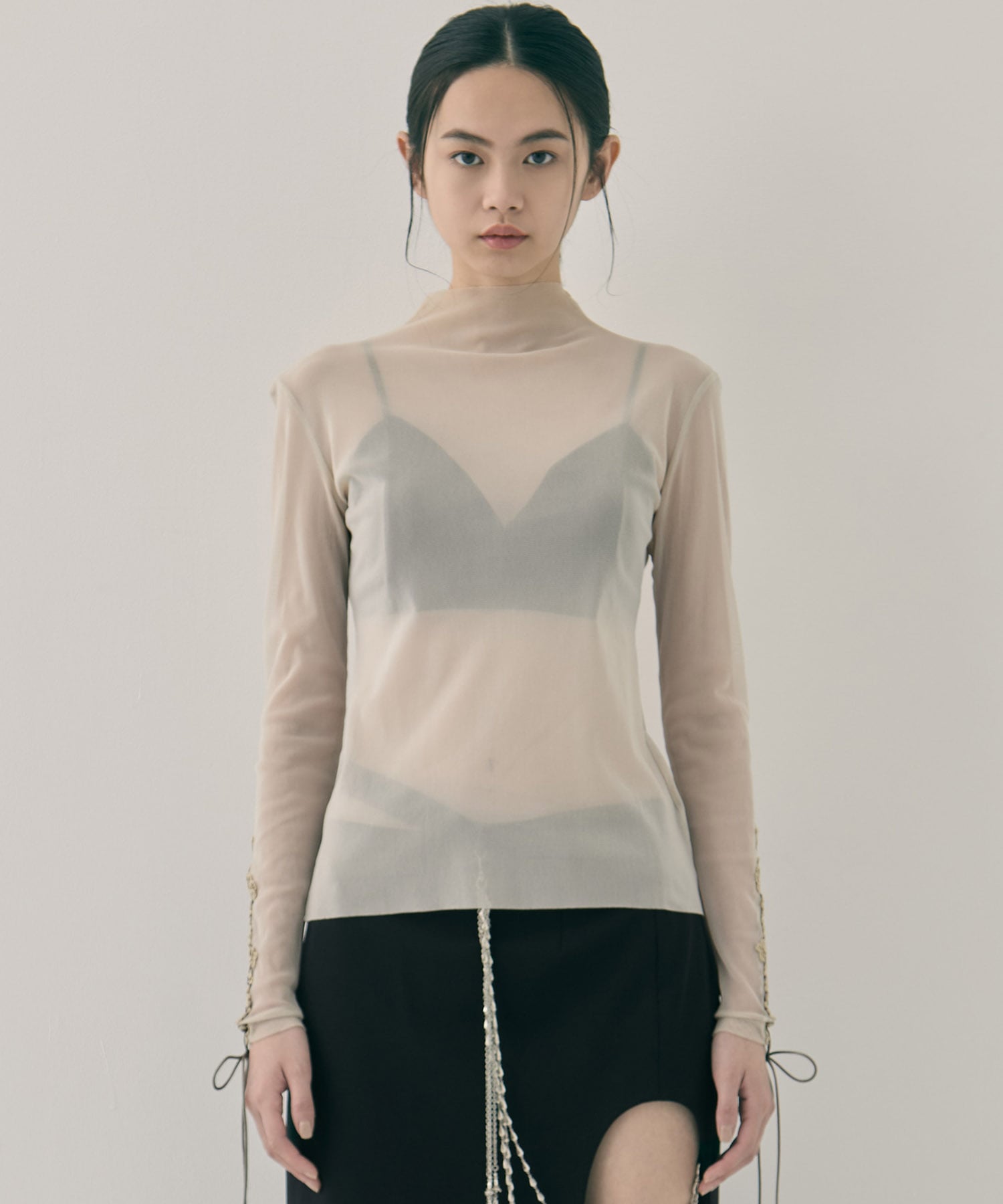 lace up sleeve sheer tops Beige tanakadaisuke