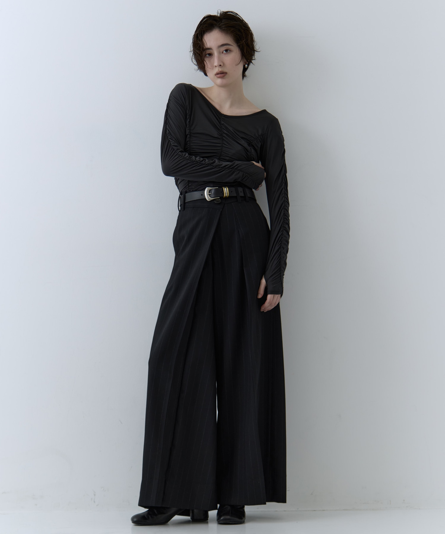 Asymmetric Tucked Flare Trousers STUDIOUS