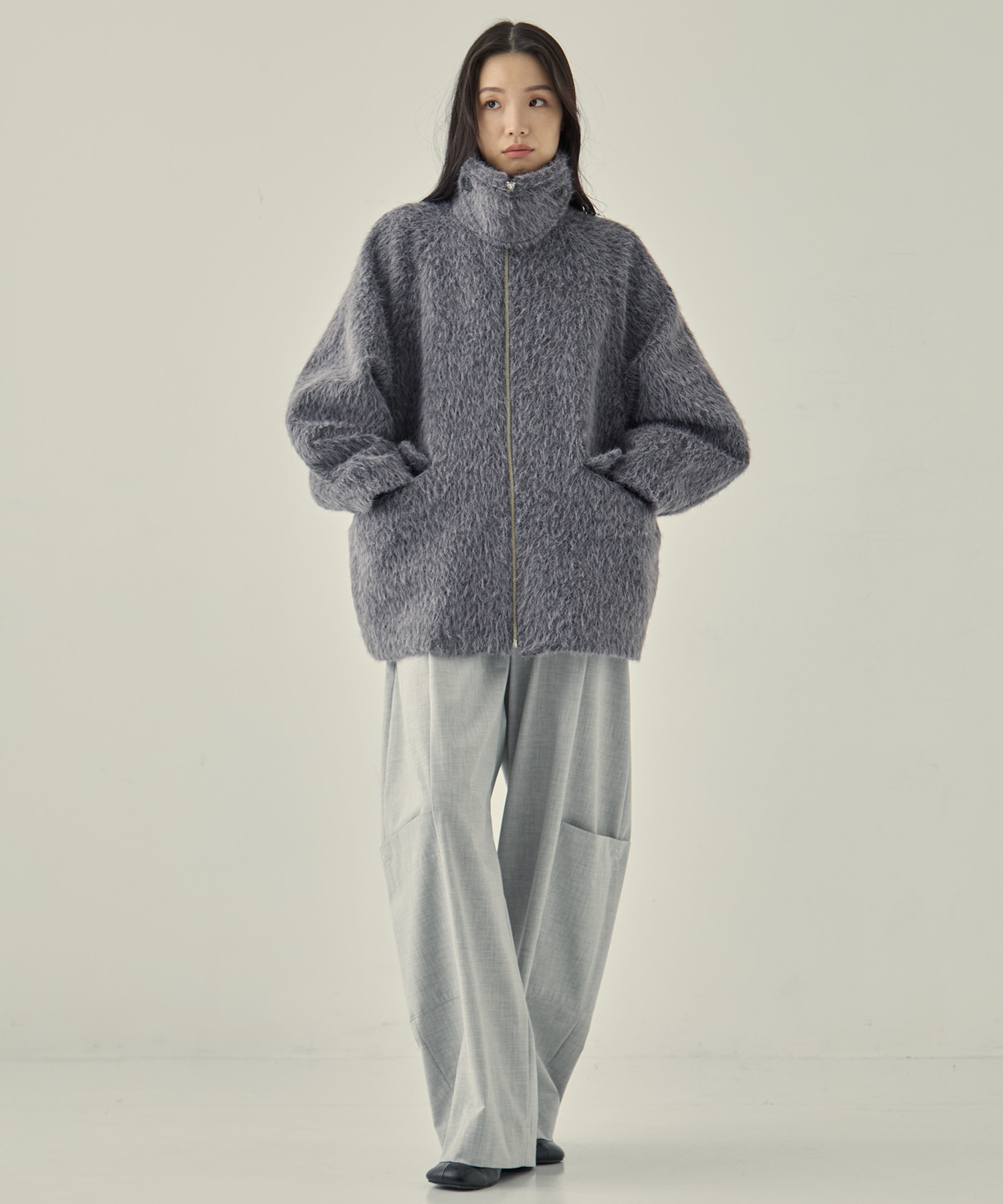 STAND COLLAR SHAGGY MIDDLE COAT STUDIOUS
