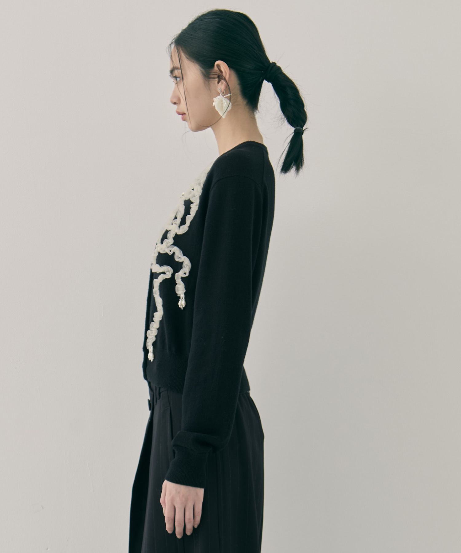 Ribbon tulle pearl embroidery cardigan tanakadaisuke