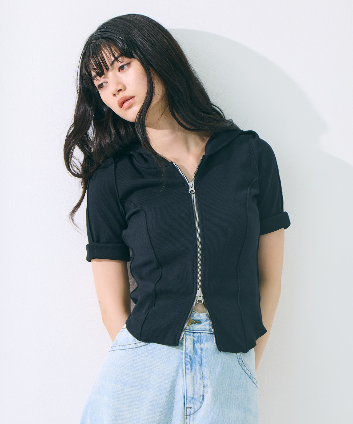 Zip Up Hoodie Rib Top STUDIOUS