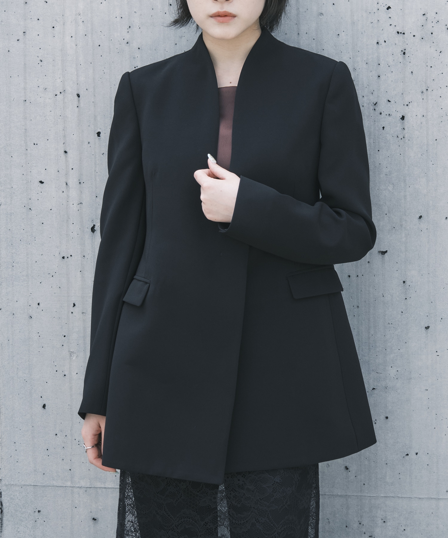 Triacetate Polyester Collarless Double Breasted Suit Jacket Mame Kurogouchi
