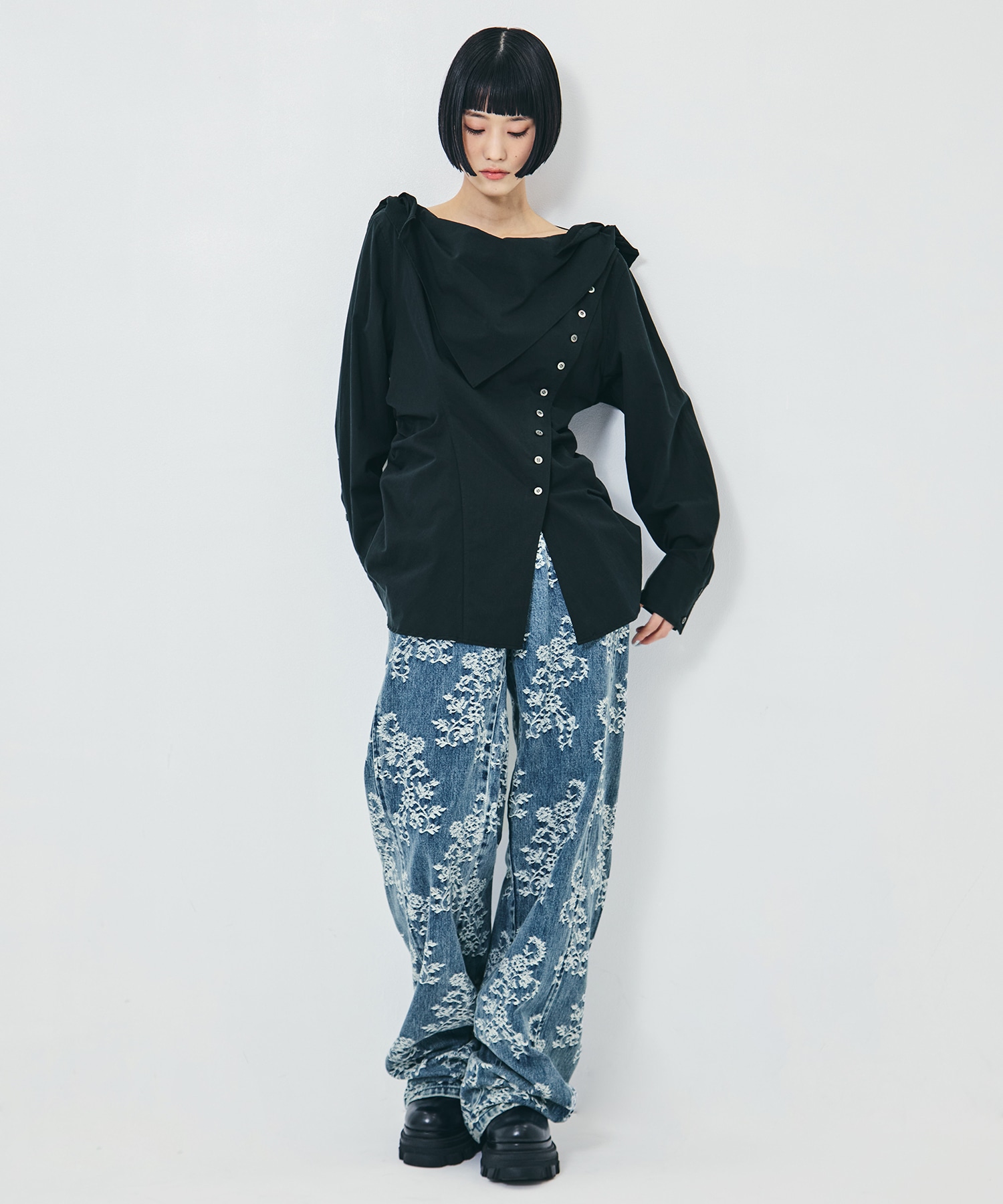 LACE-JACQUARD DENIM STRAIGHT JEANS FETICO