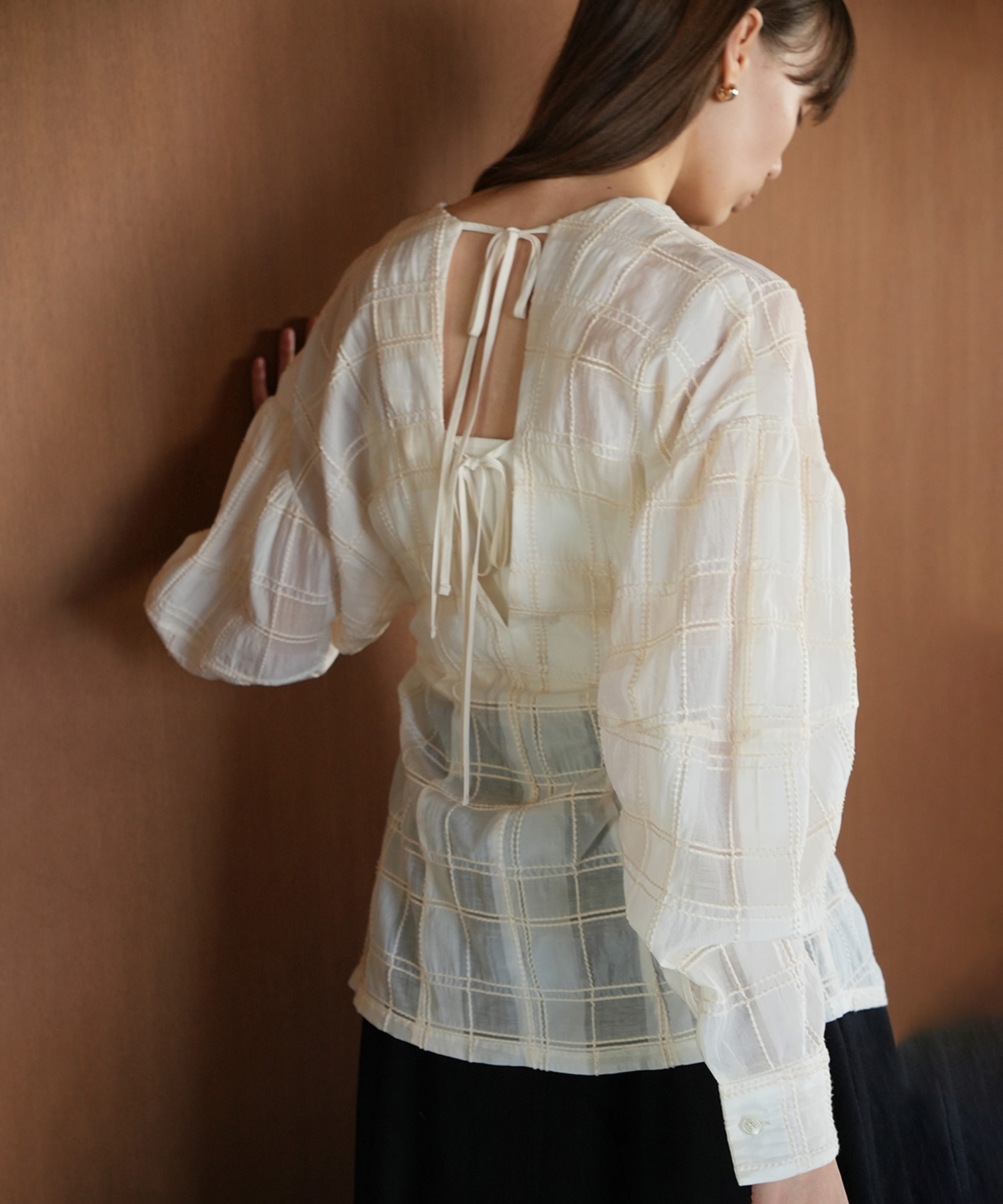 SHEER CHECK TUCK WAIST BLOUSE CLANE