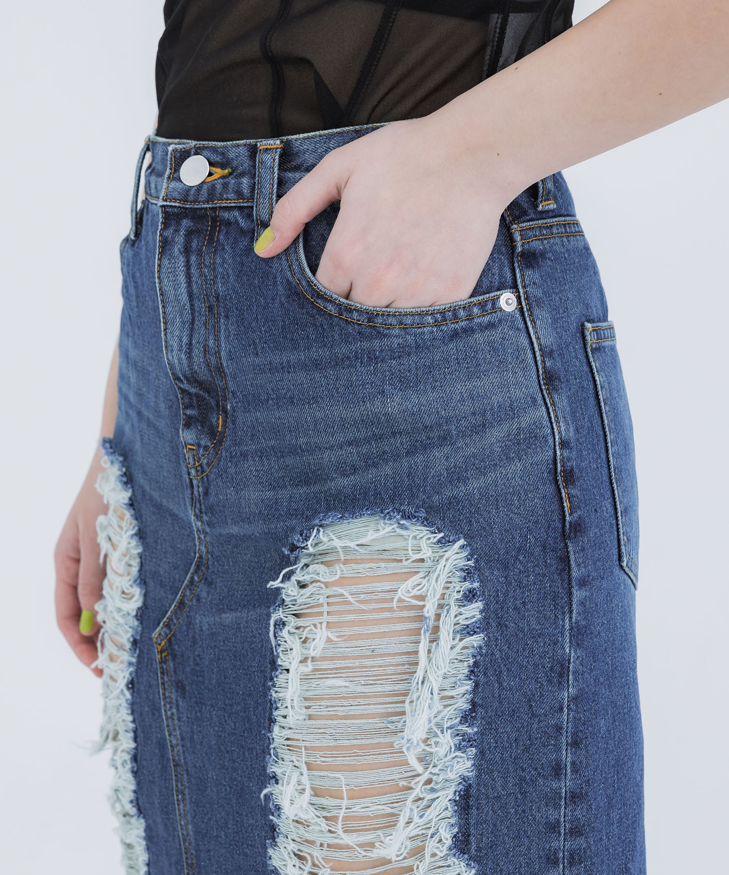 WASHED DENIM RIPPED LONG SKIRT JOHN LAWRENCE SULLIVAN