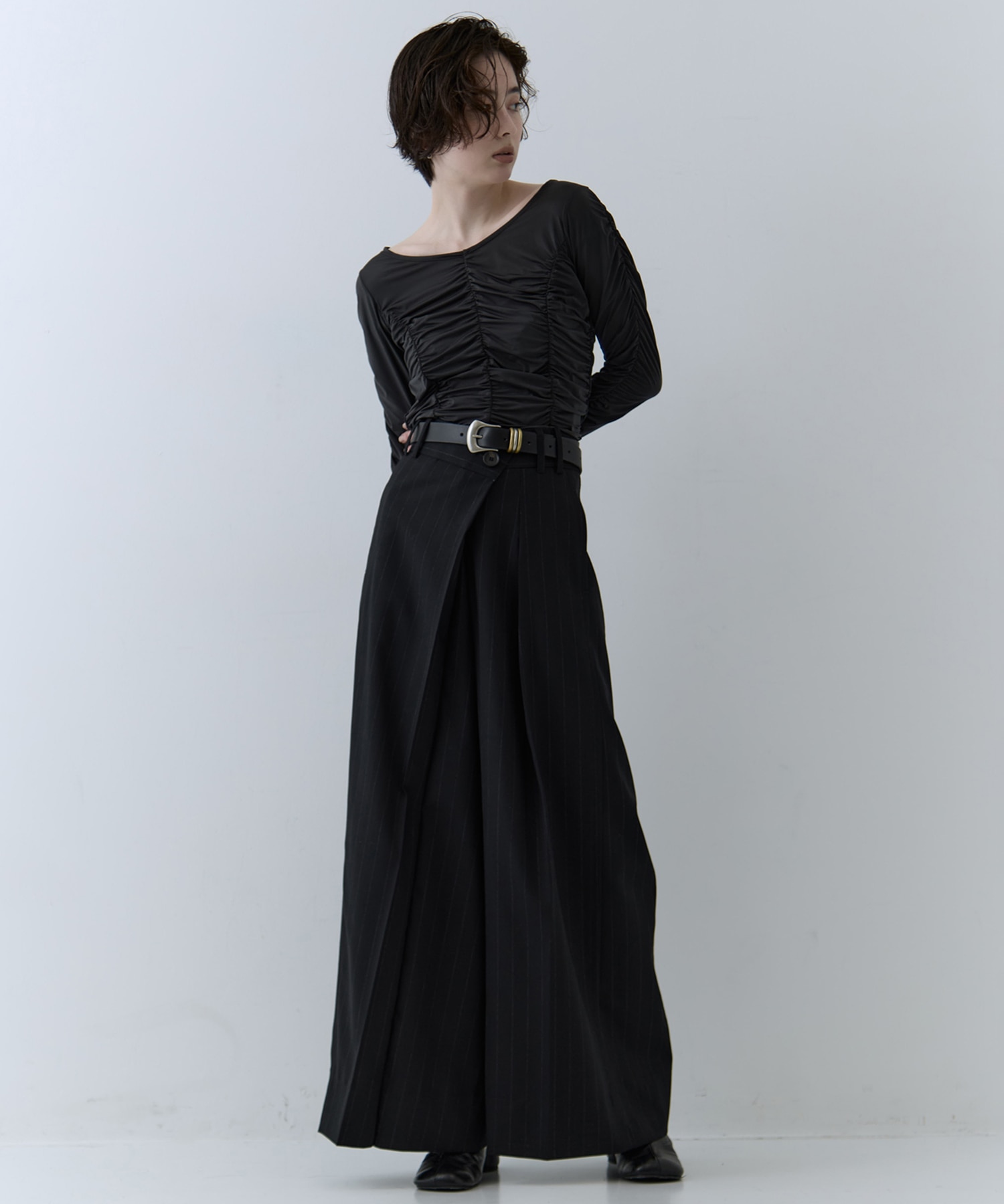 Asymmetric Tucked Flare Trousers STUDIOUS