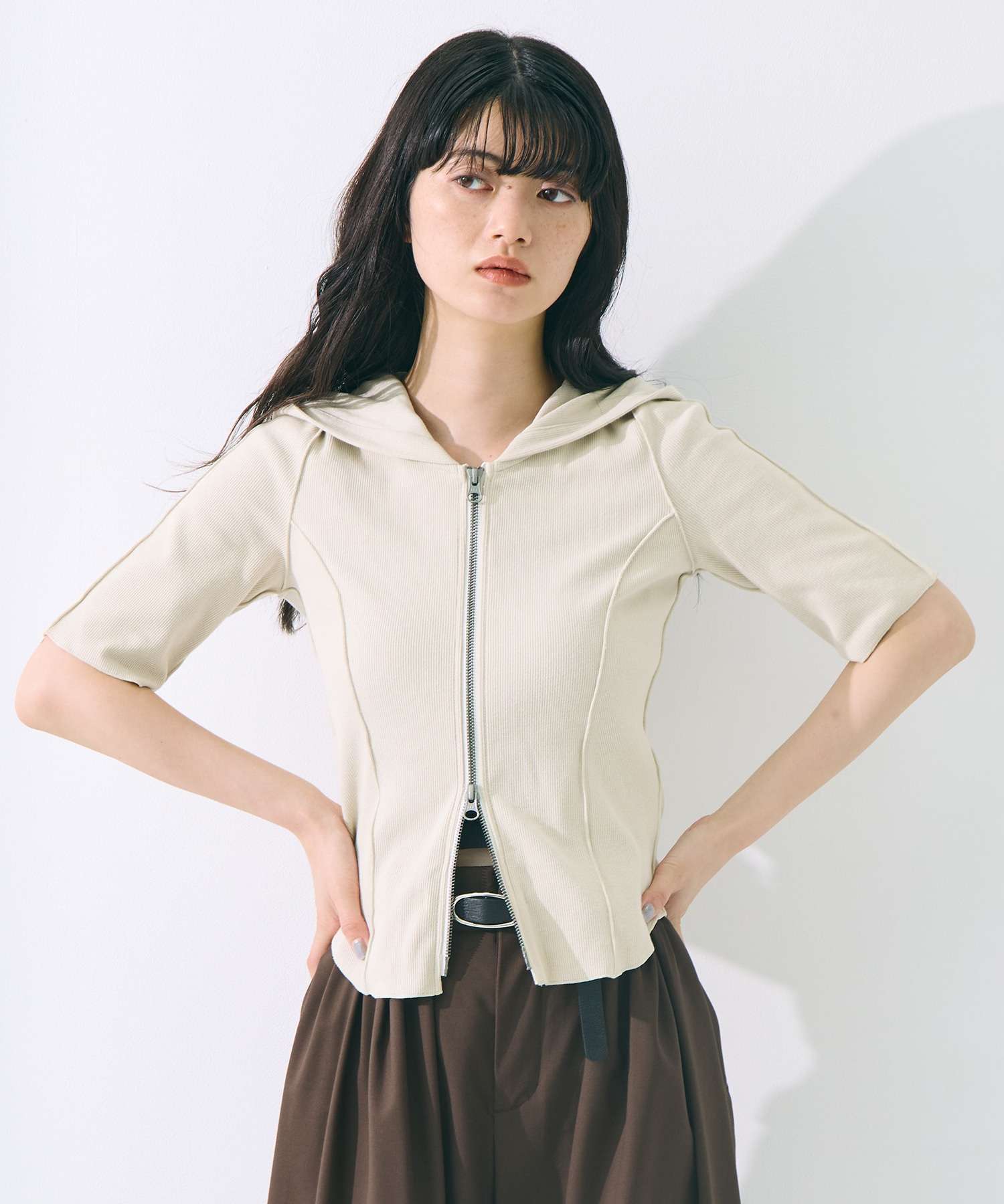 Zip Up Hoodie Rib Top STUDIOUS