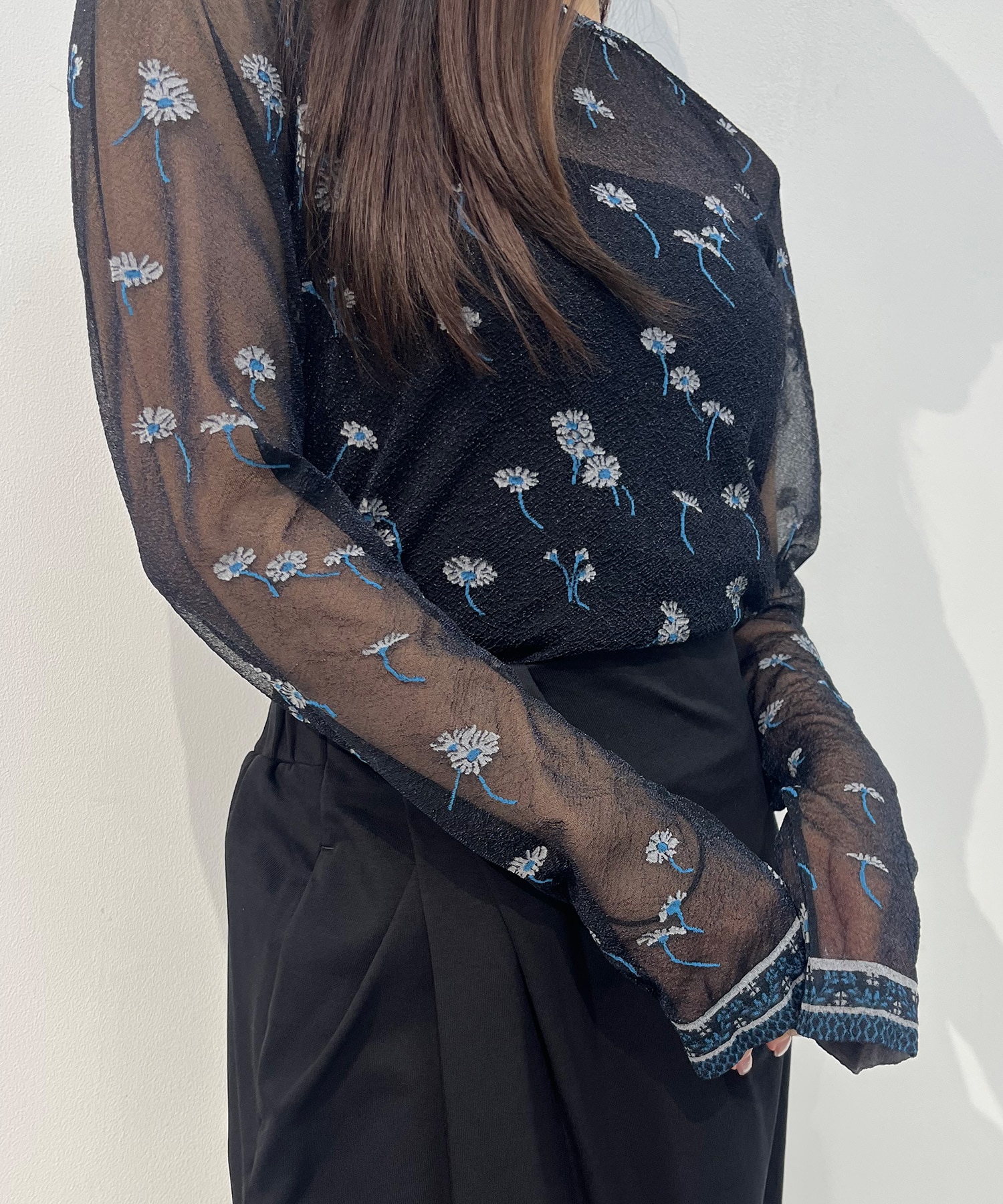 Floral Pattern Long Sleeve Sheer Knit Top Mame Kurogouchi