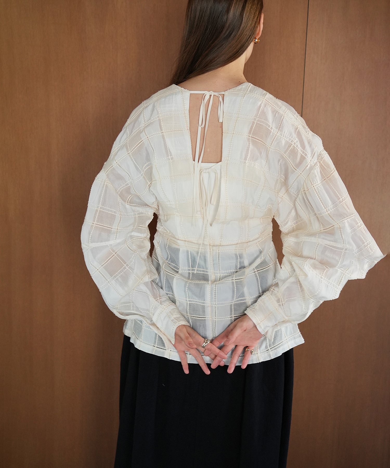 SHEER CHECK TUCK WAIST BLOUSE CLANE