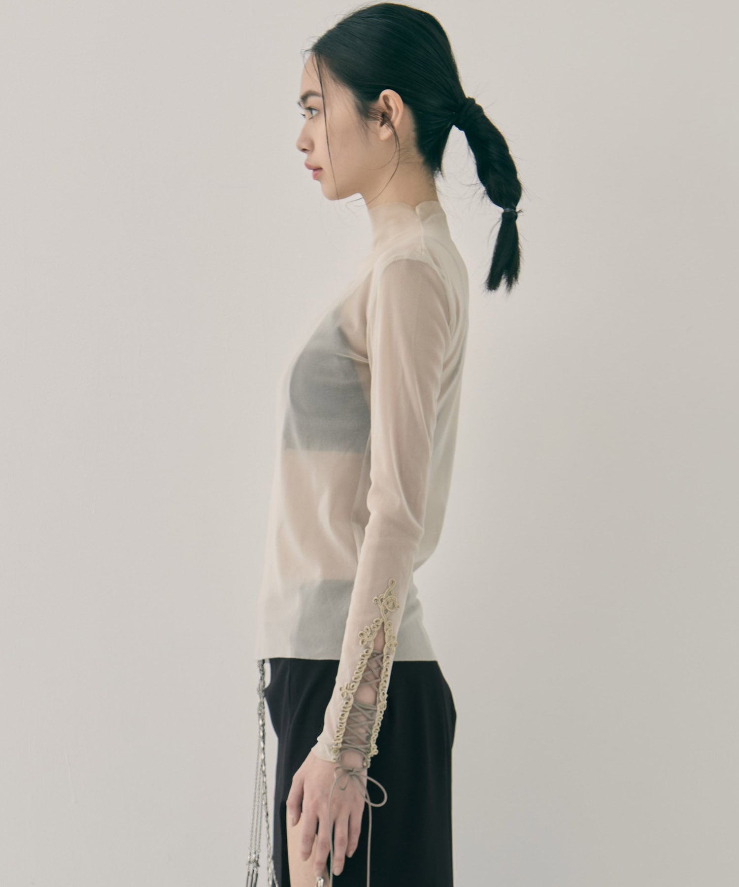 lace up sleeve sheer tops Beige tanakadaisuke