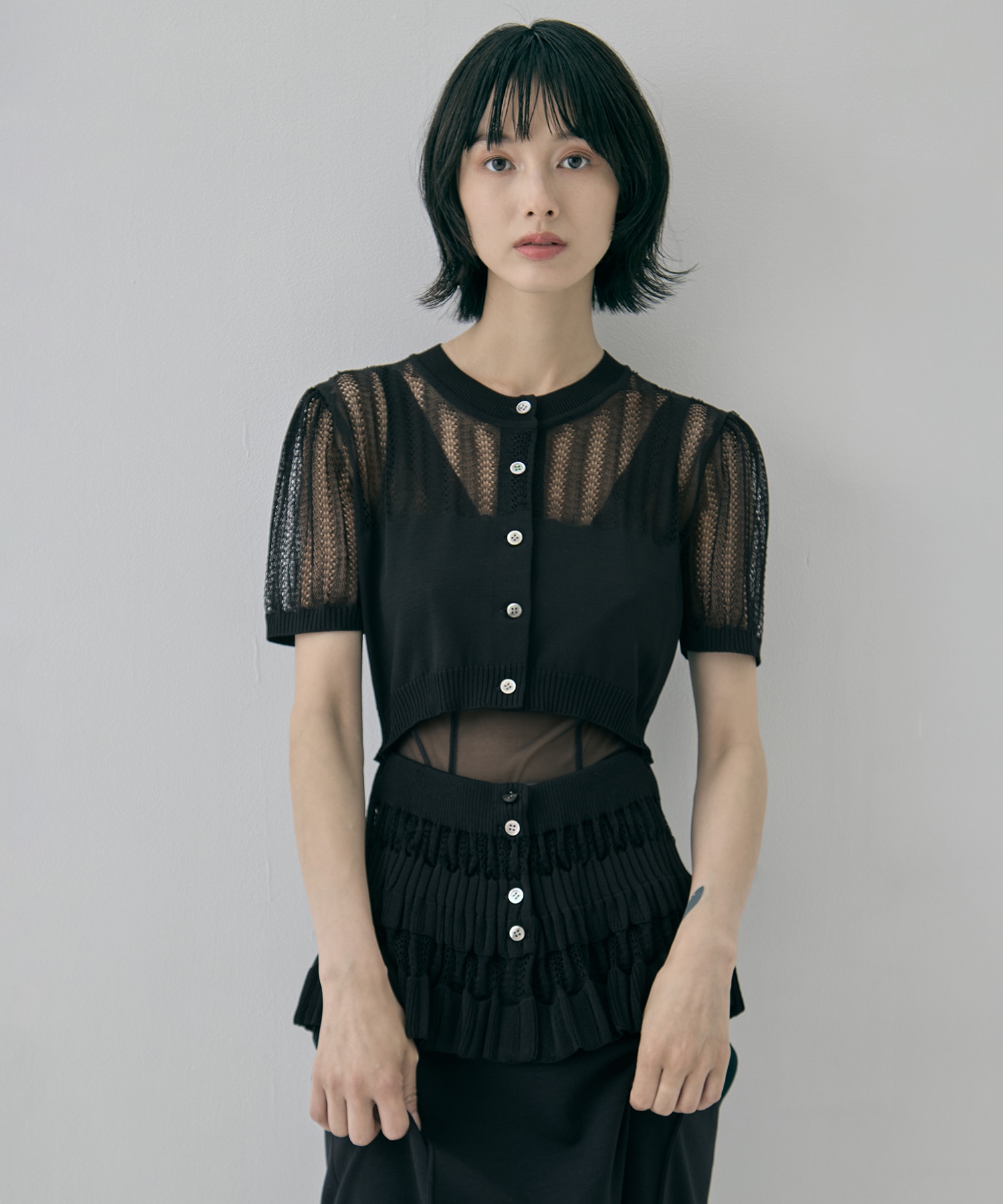 CONVERTIBLE SHEER STRIPE KNIT CARDIGAN FETICO