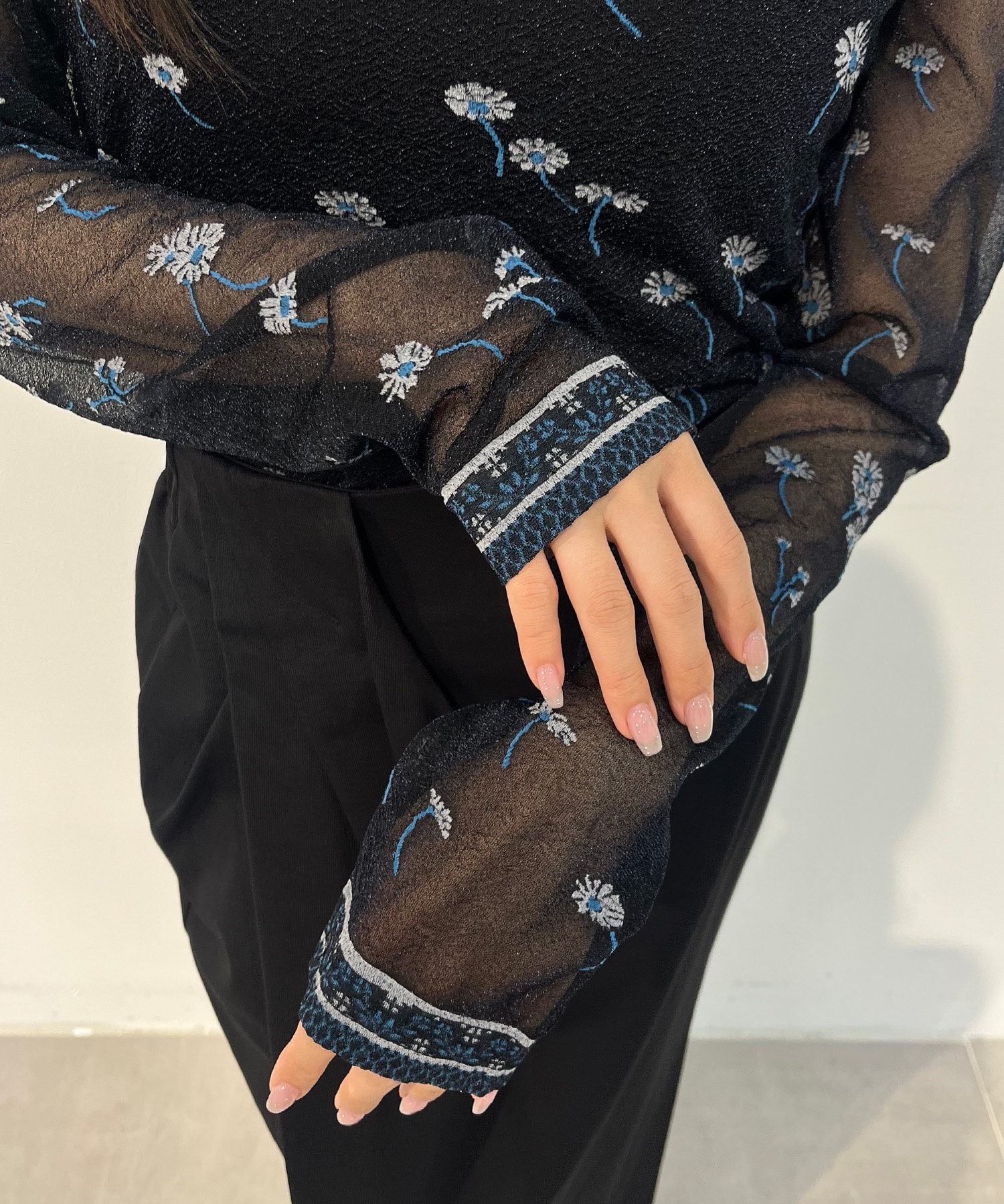 Floral Pattern Long Sleeve Sheer Knit Top Mame Kurogouchi