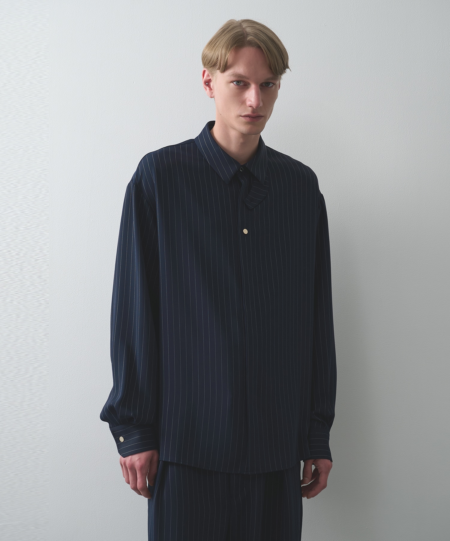 Stripe Double Cloth Chin Tab Long Sleeve Shirt